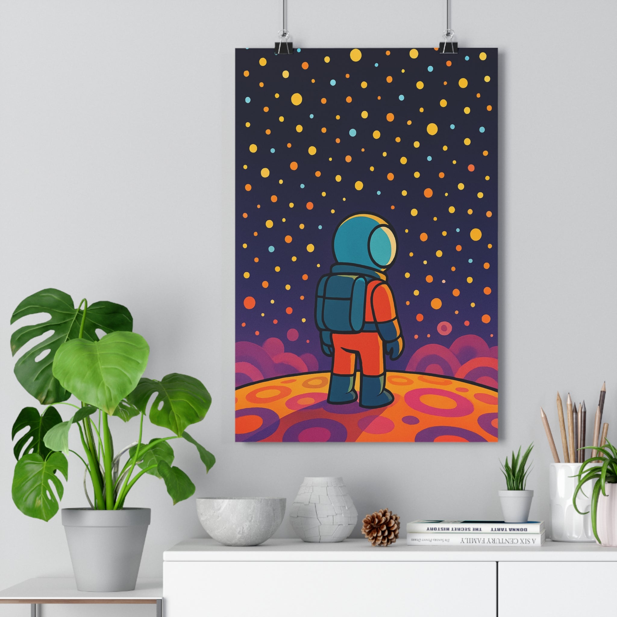 Poster décoratif abstrait coloré violet orange sciencefiction astronaute aventure salon bureau moderne créativité qualité