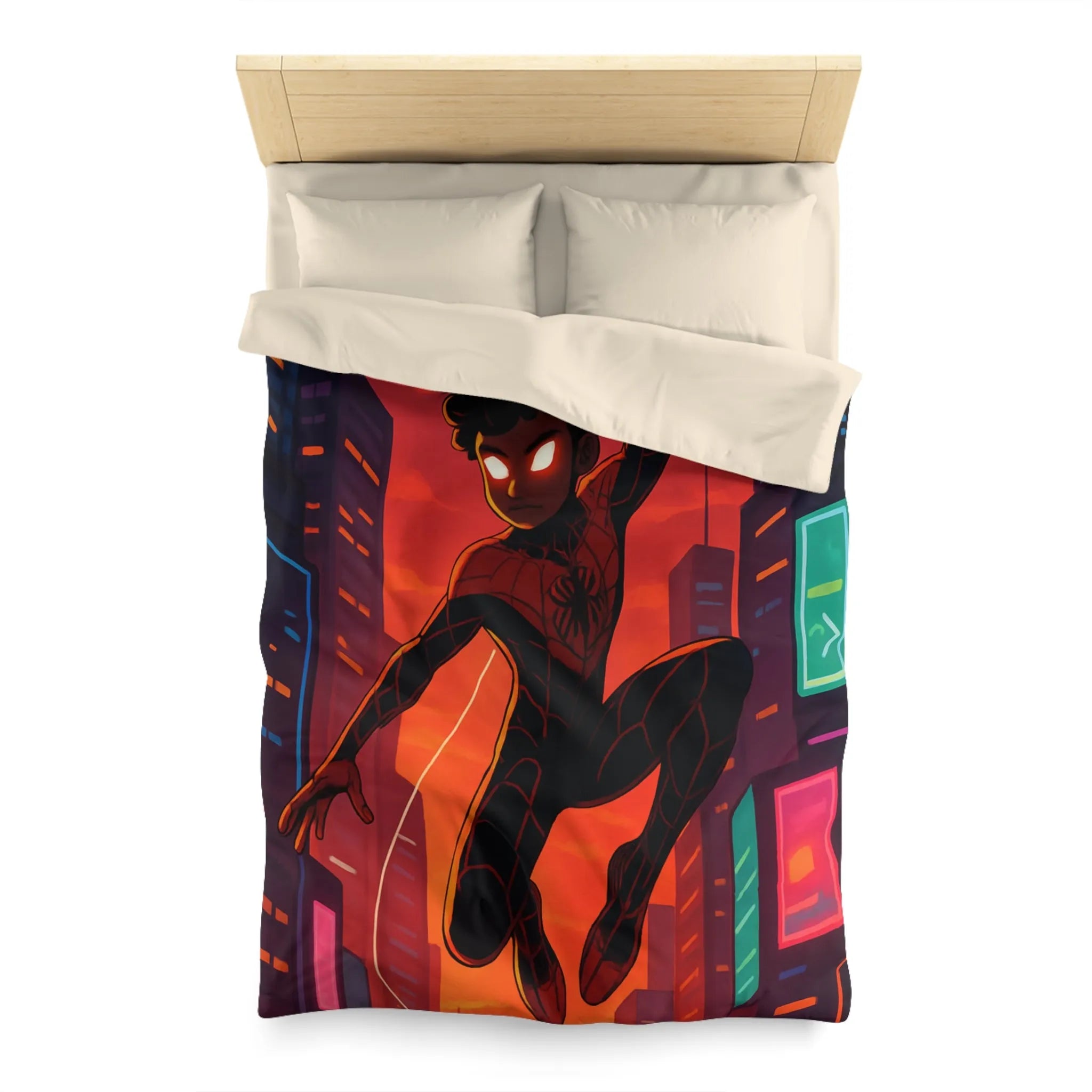 Housse de couette avec super-héros suspendu devant un coucher de soleil urbain vibrant