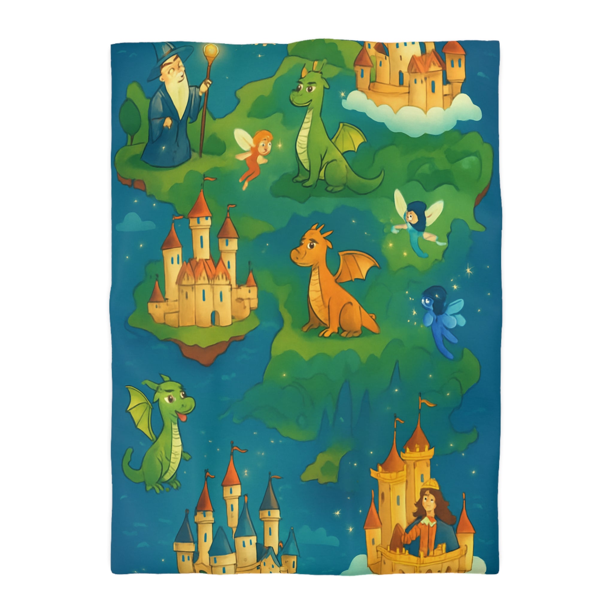 Housse de couette thématique féerique avec dragons, châteaux et un sorcier rêveur
