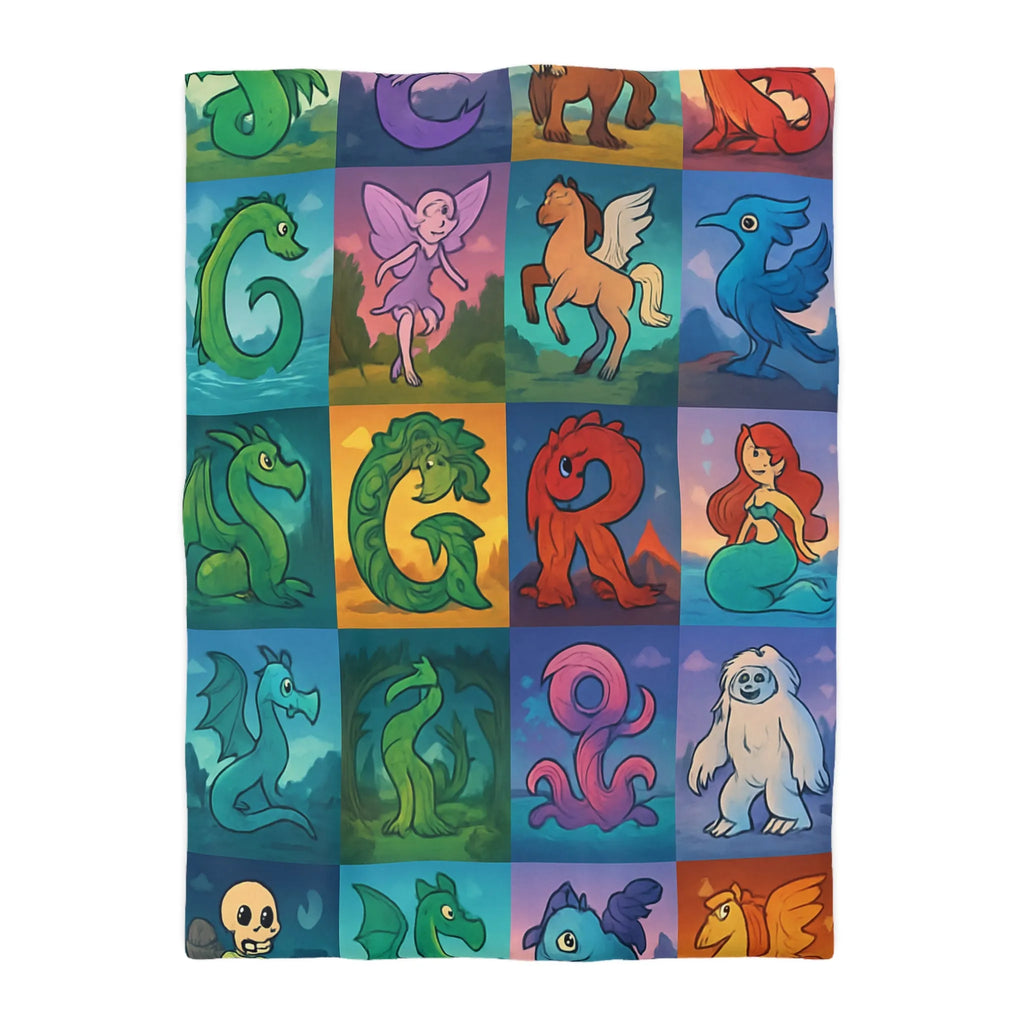Housse de couette enchantée avec lettres magiques et créatures mythiques colorées