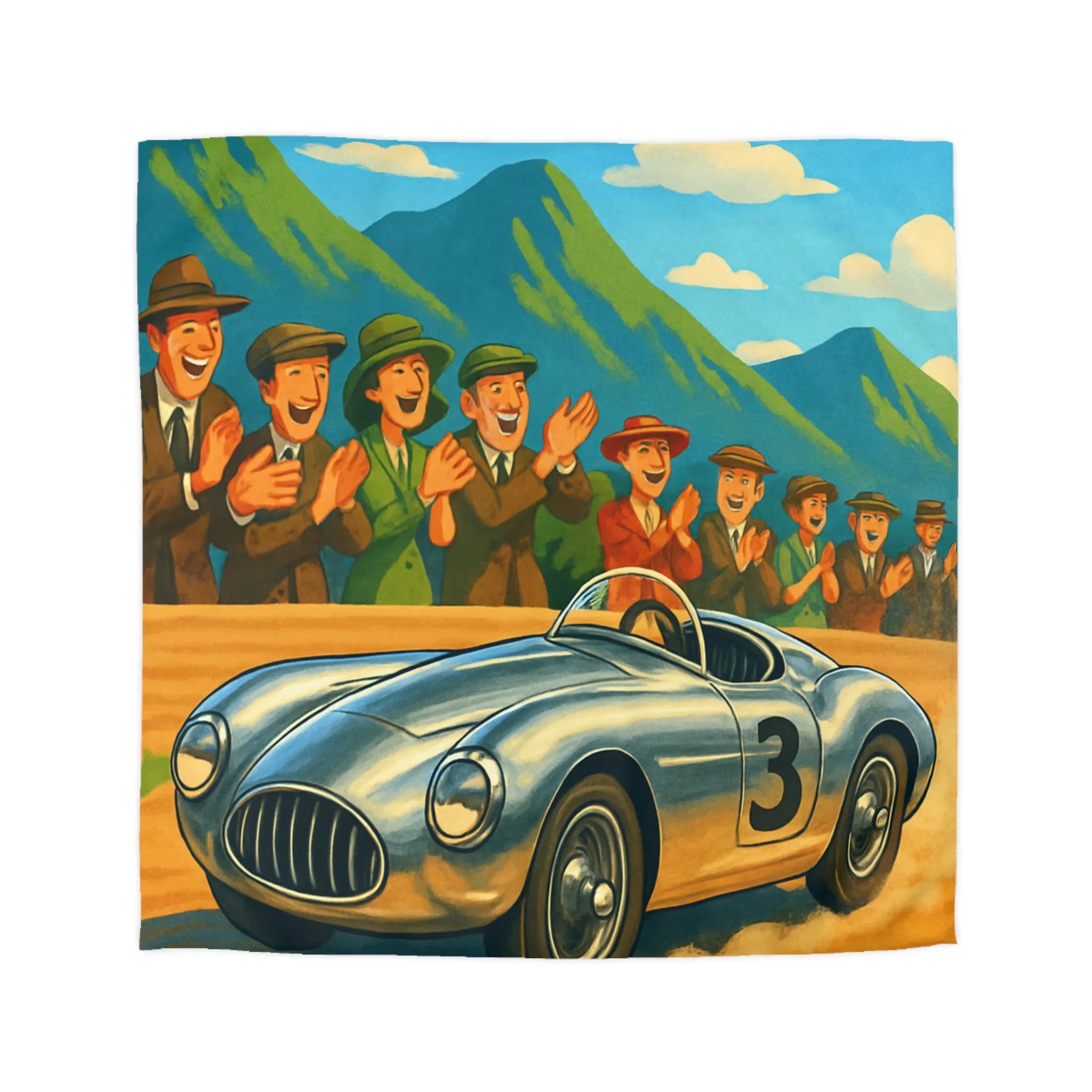 Housse de Couette Course Vintage Voiture Classique Montagnes Spectateurs Enthousiastes Couleurs Vives
