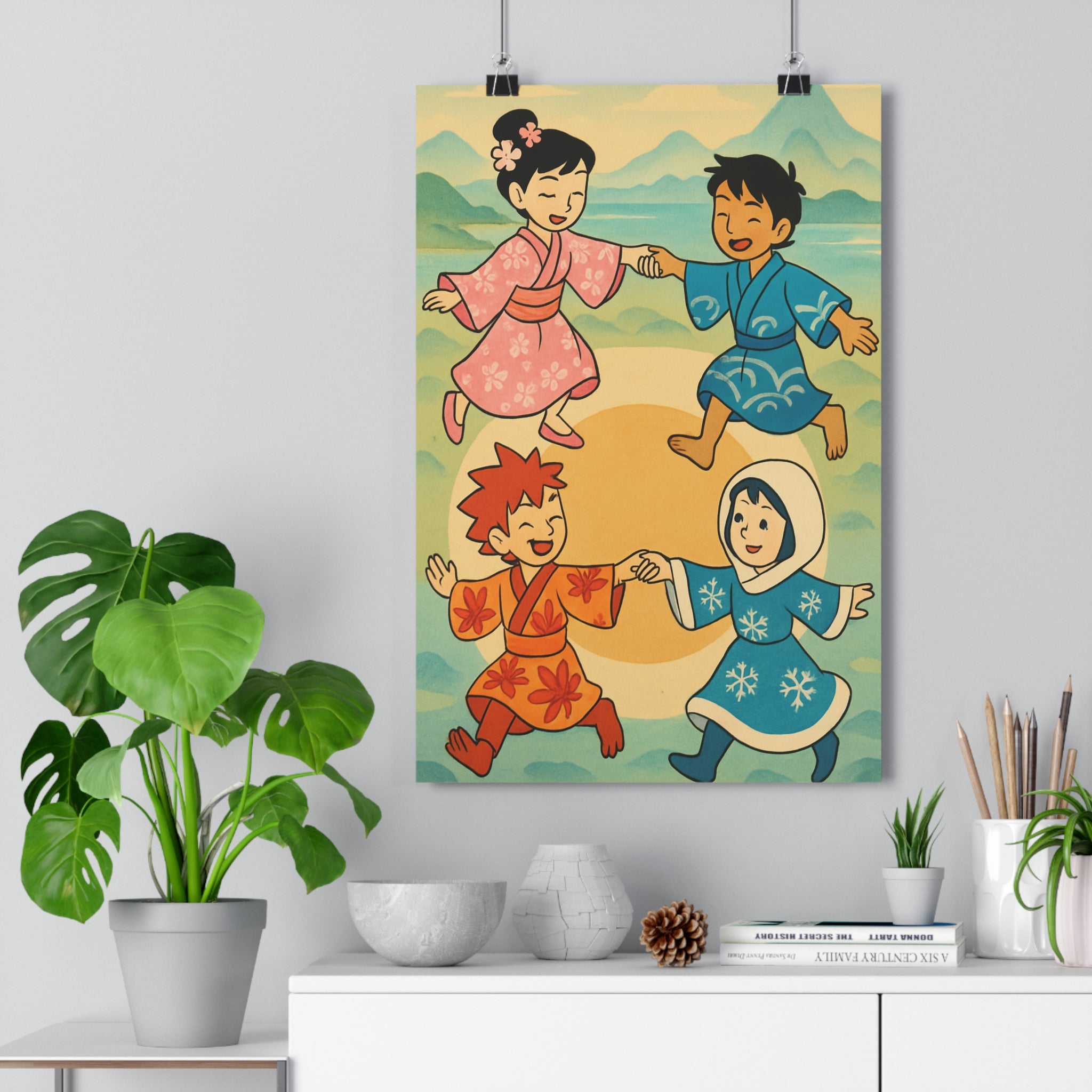 Poster décoratif anime coloré saison costumes traditionnels joyeux chambre salon pastel art vibrant qualité