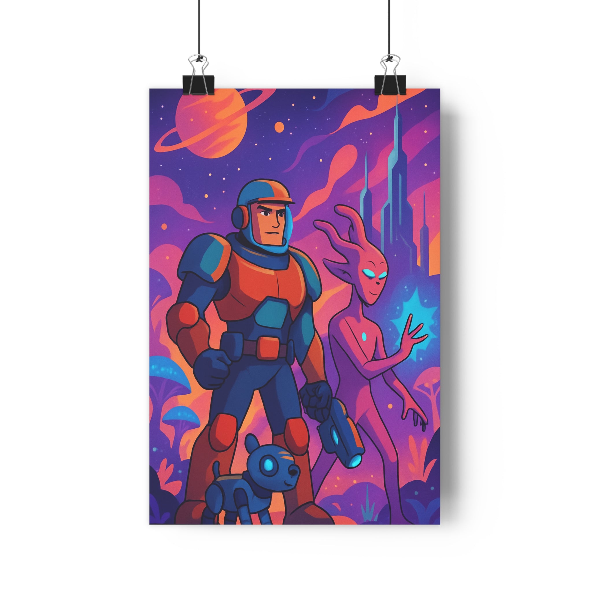 Poster décoratif animation coloré bleu orange héros extraterrestre aventure salon enfant dynamique futuriste vibrant