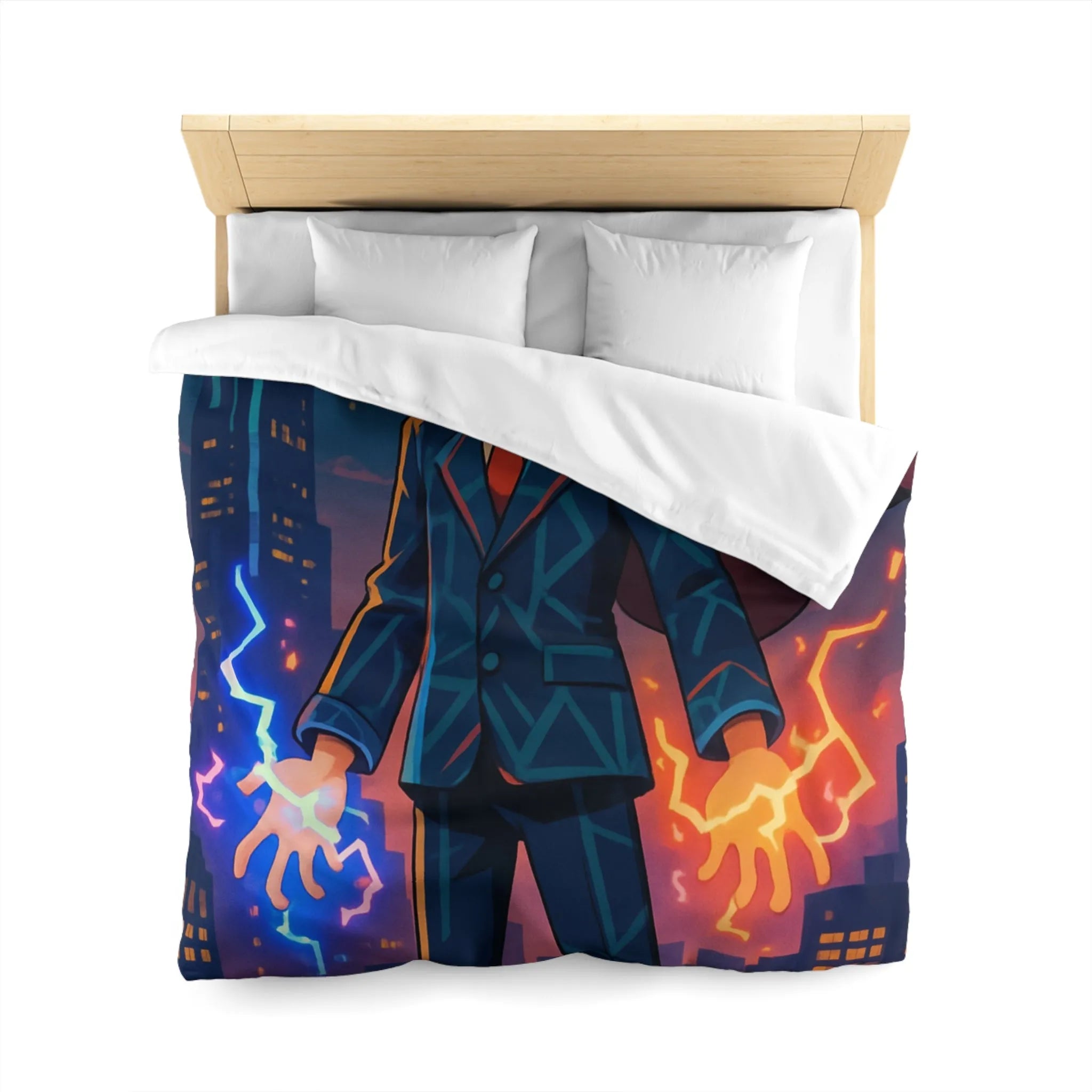Housse de couette avec jeune magicien urbain; électricité magique, ambiance ville nocturne