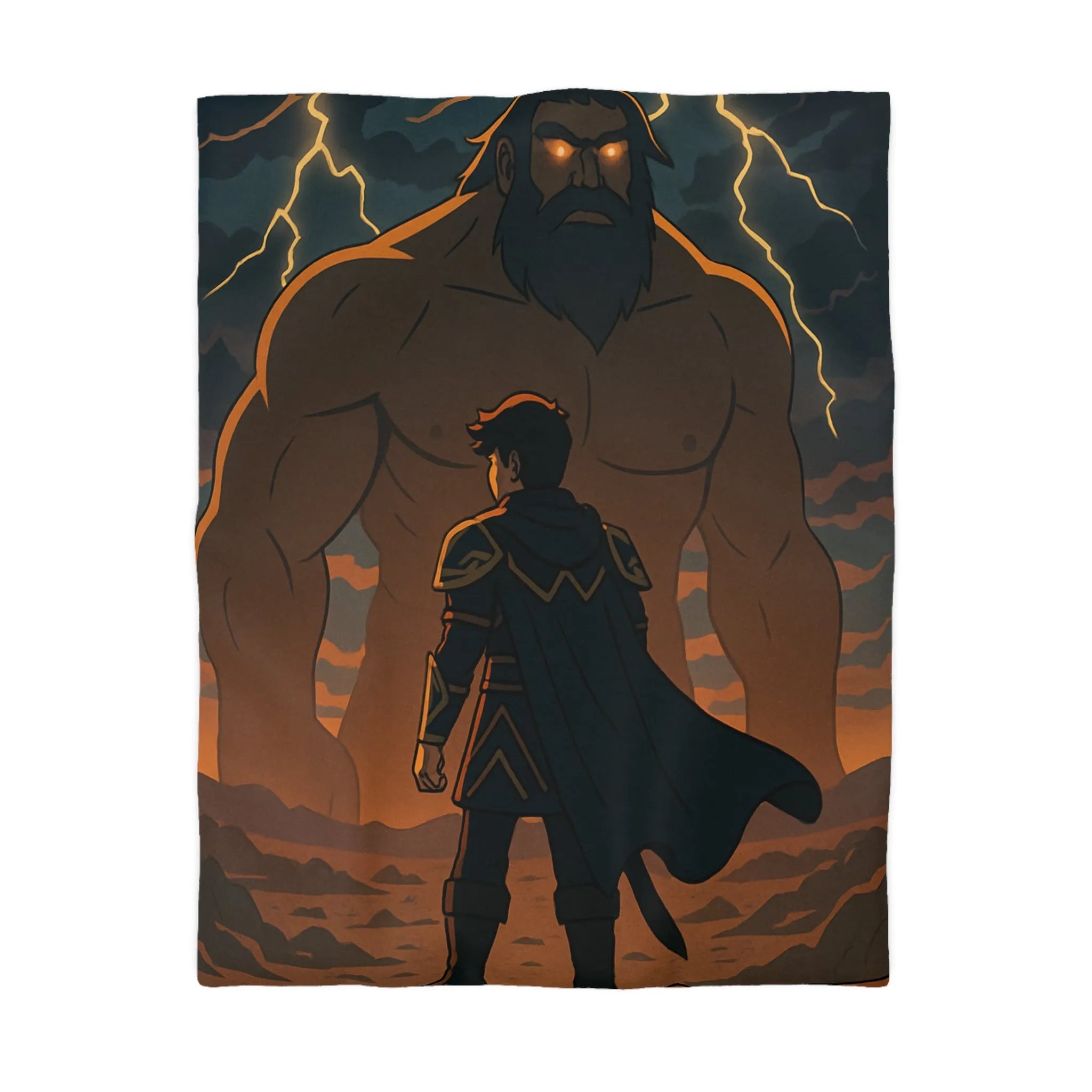 Housse de couette épique avec guerrier et géant sous orage électrique dramatique
