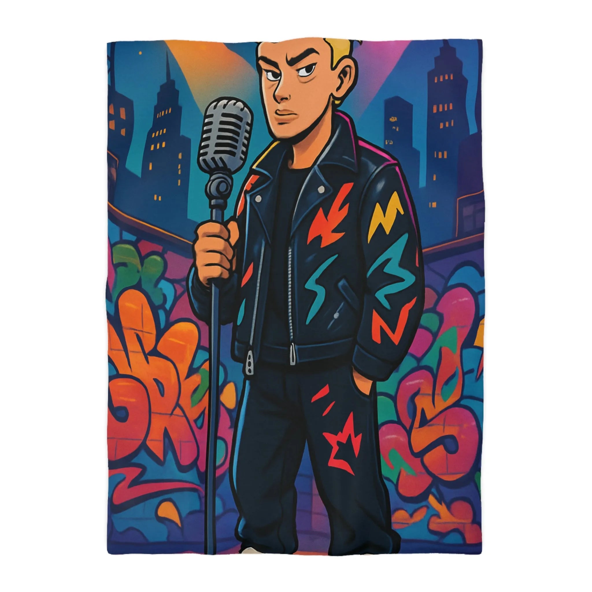 Housse de couette colorée graffiti style urbain avec chanteur devant micro rétro