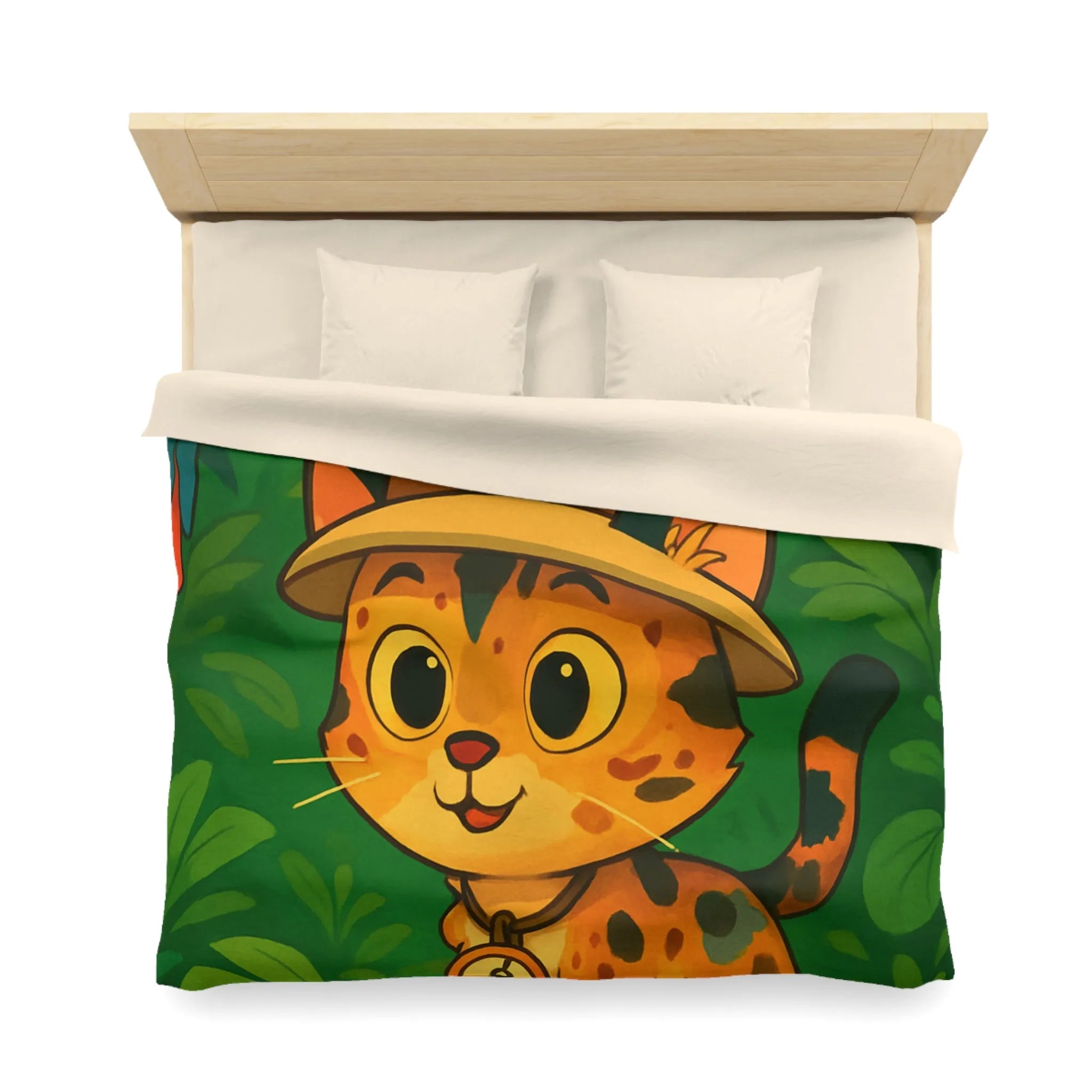 Housse de couette avec chat explorateur, jungle colorée, perroquet et singe joyeux