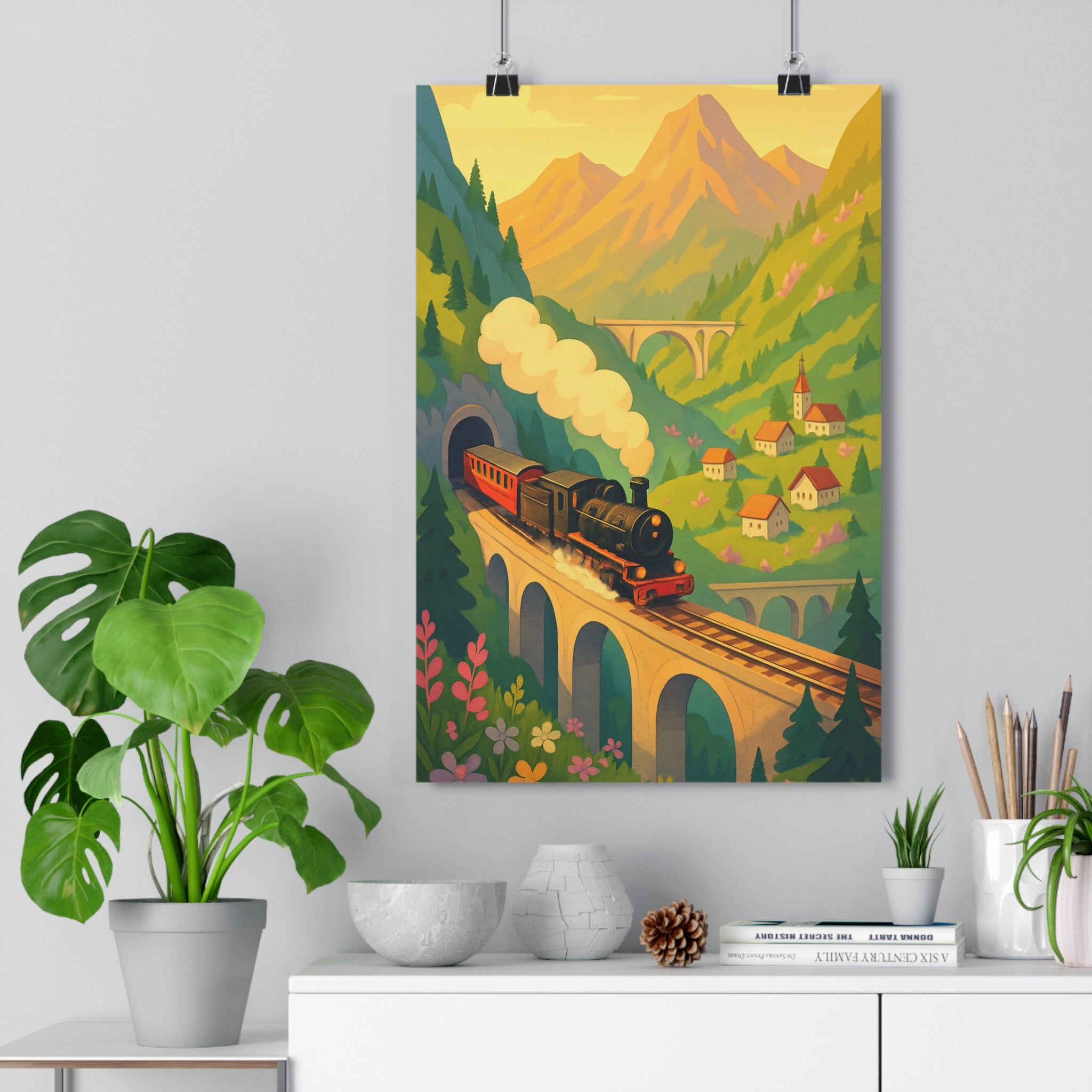 Poster décoratif nostalgique montagne rétro cartoon ensoleillé salon chambre aventure chaleur couleurs chaudes vintage