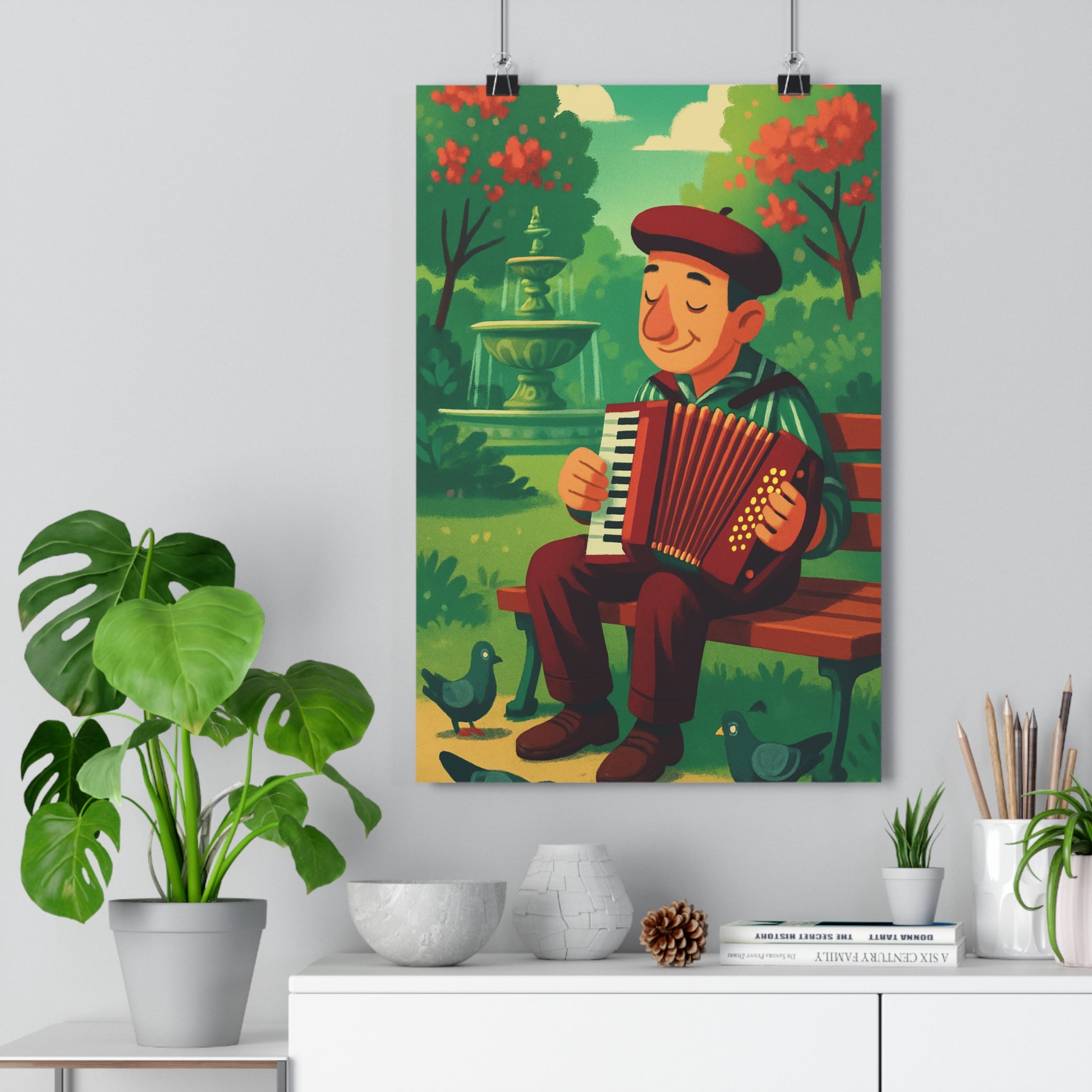 Poster décoratif animation douce couleurs printanières joyeuse salon détente parc accordéon verdure fleurs rouges
