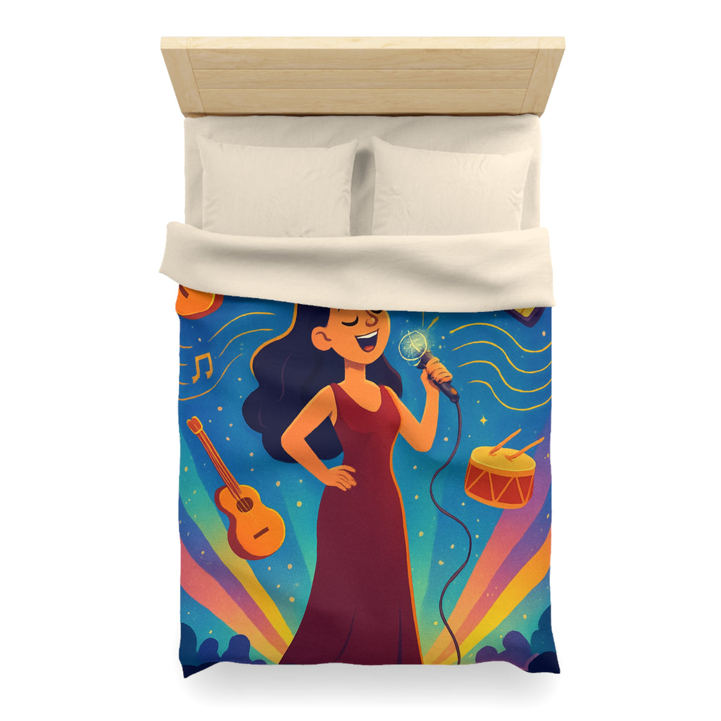 Housse de couette vibrante avec scène musicale, chanteuse et instruments illustrés colorés