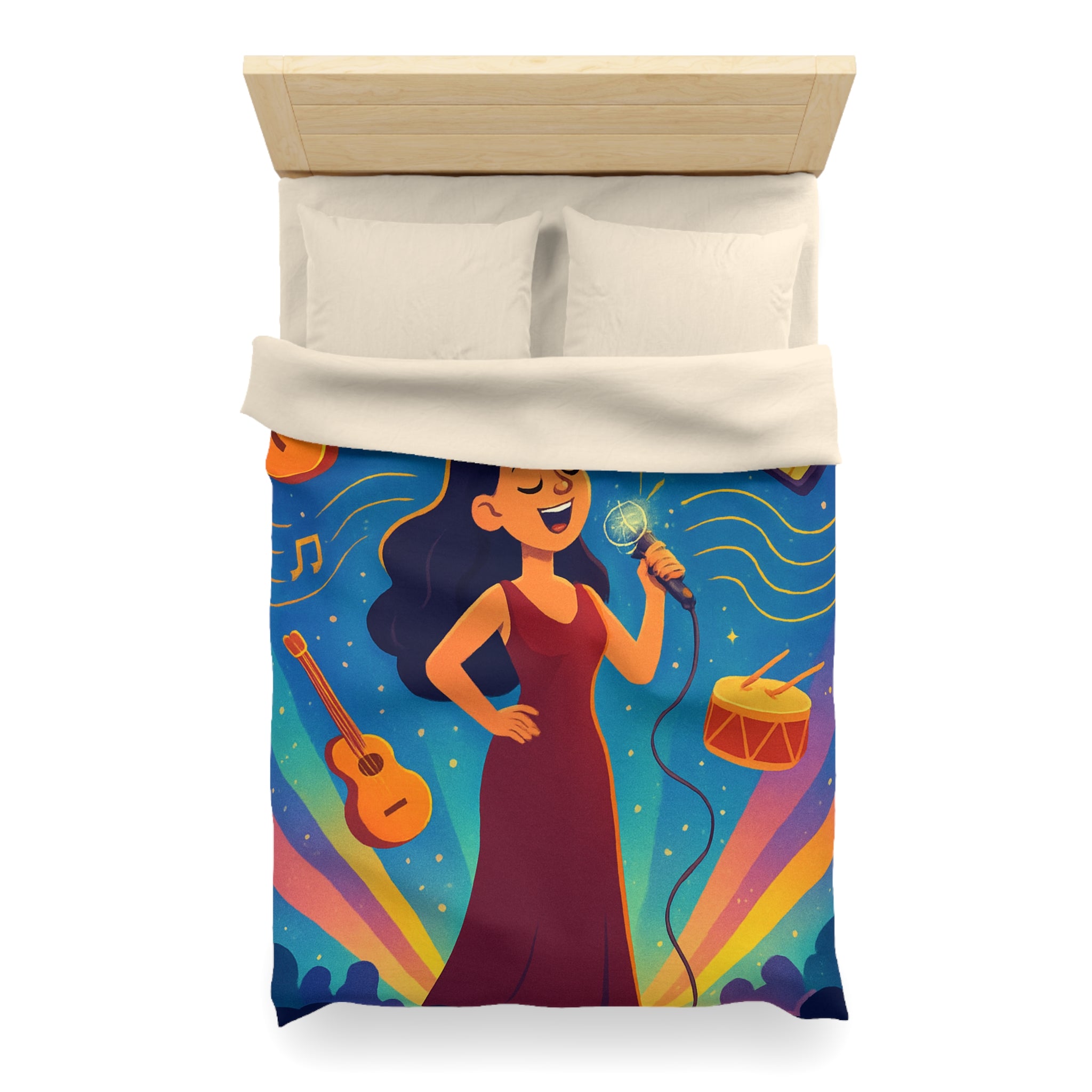 Housse de couette vibrante avec scène musicale, chanteuse et instruments illustrés colorés