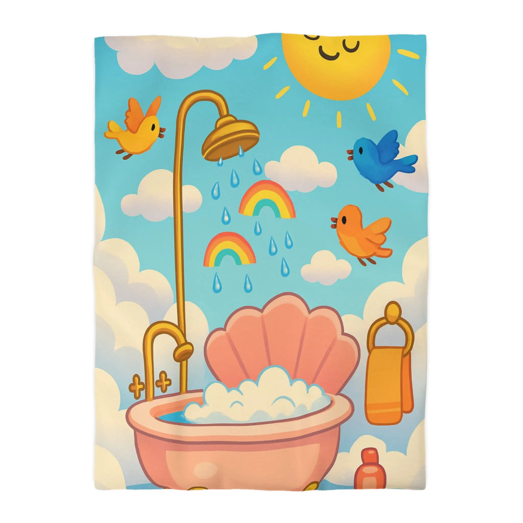 Housse de couette colorée enfants bain nuages pluie arc-en-ciel oiseaux soleil