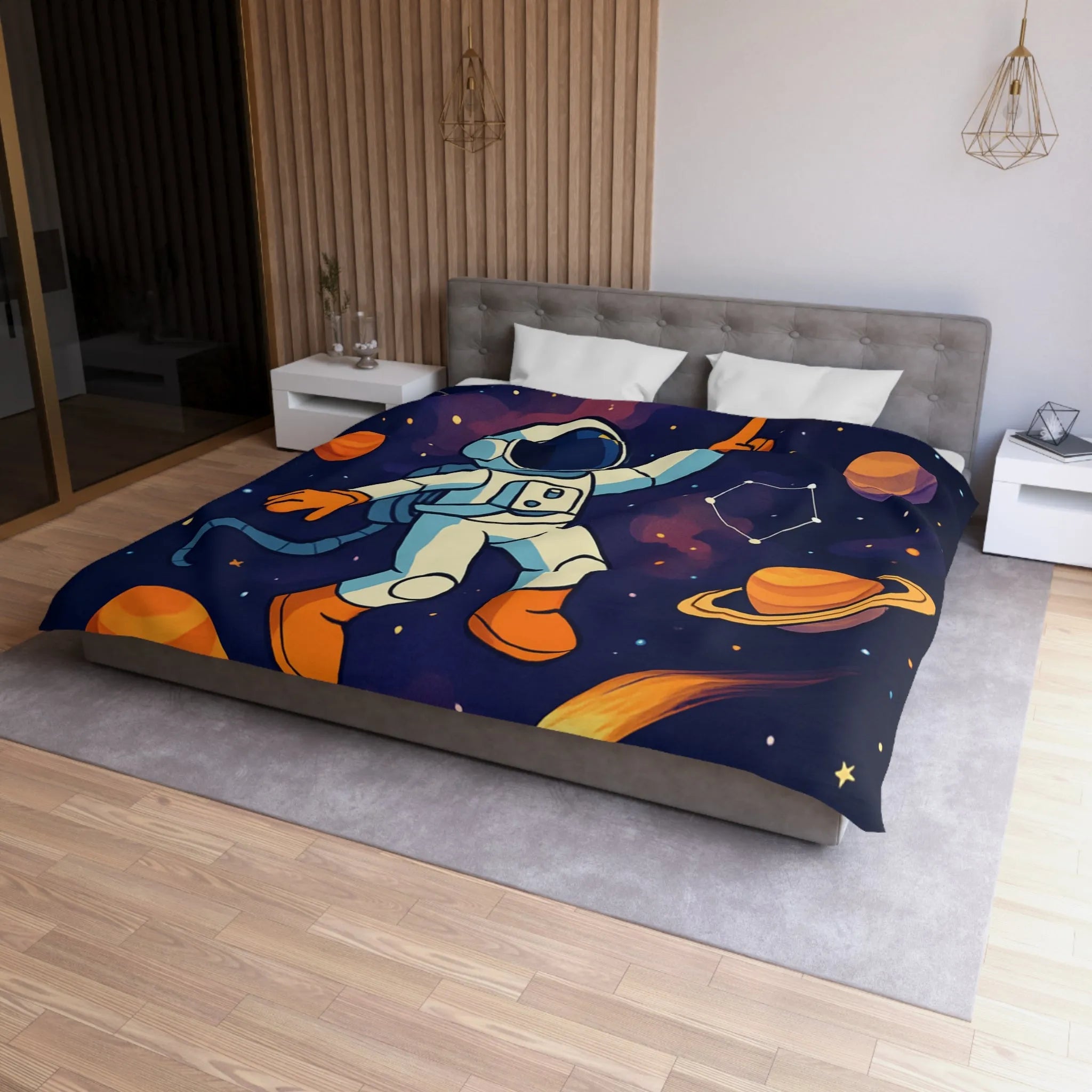 Housse de Couette Astronaute Enfantine avec Étoiles, Planètes et Constellations Colorées pour Chambre