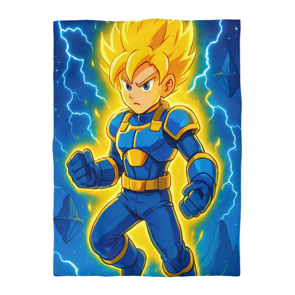 Housse de couette vibrante avec héros en armure bleue et rayons lumineux intenses
