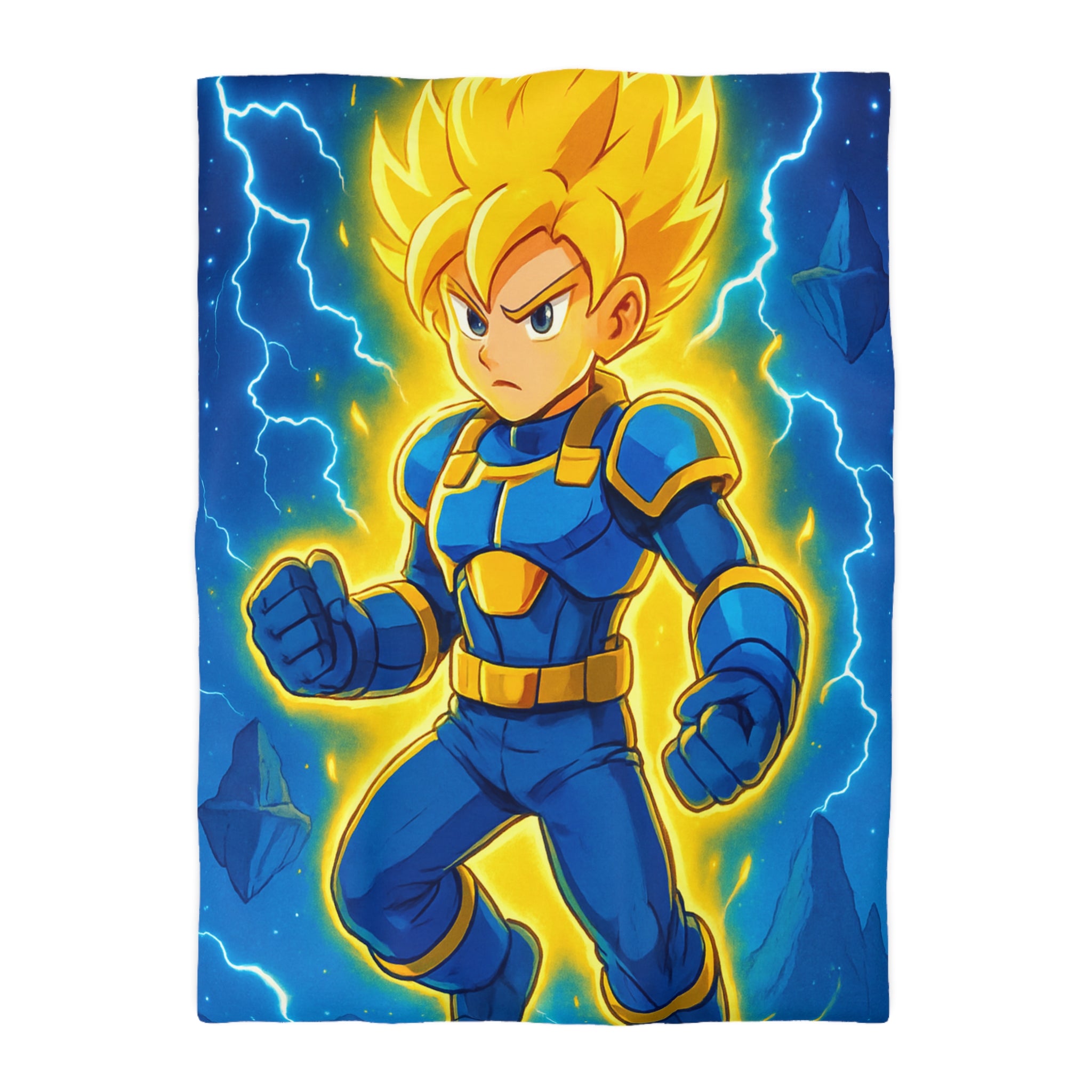 Housse de couette vibrante avec héros en armure bleue et rayons lumineux intenses