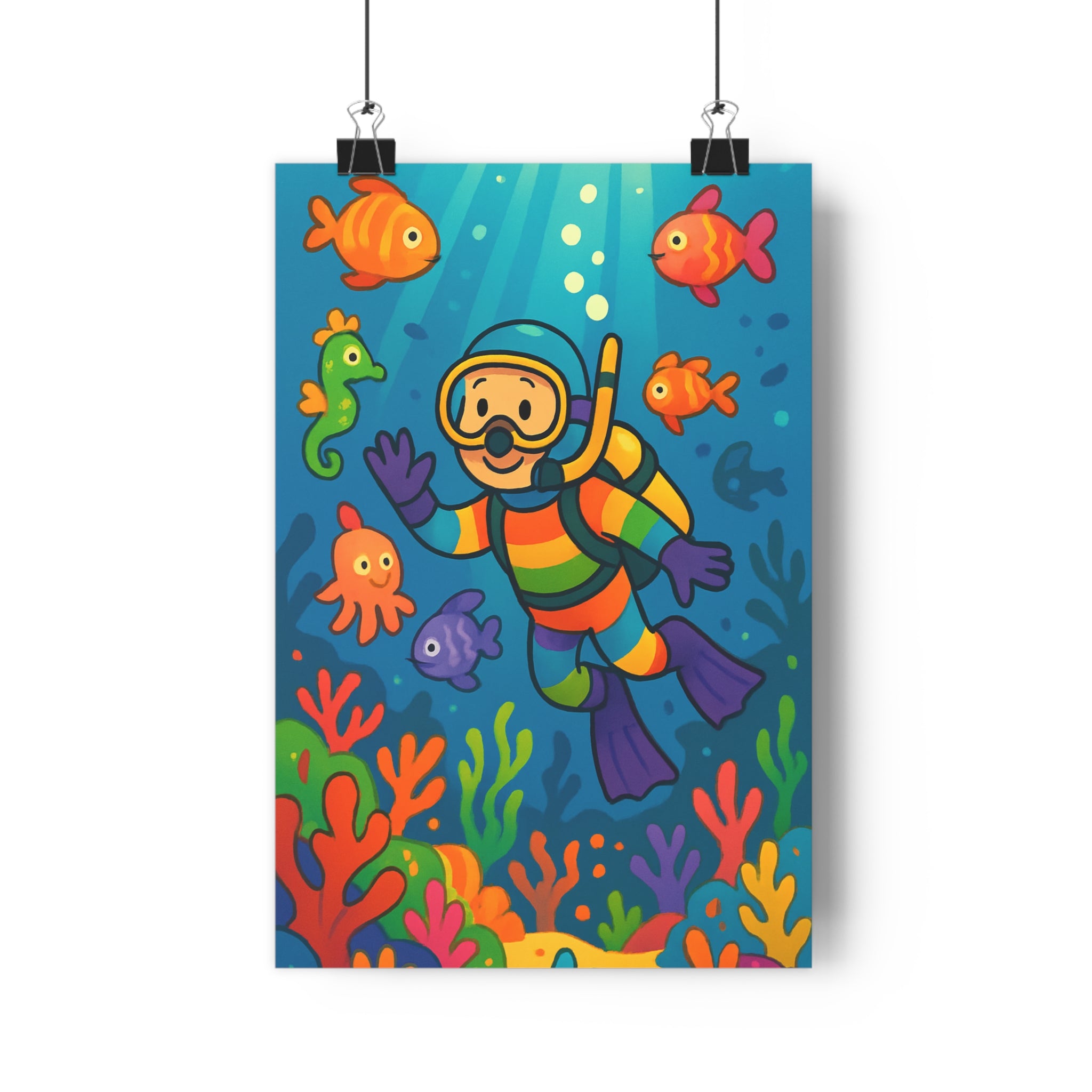 Poster décoratif animé sousmarin bleu coloré joyeux enfant chambre aventure corail vibrant 30x46 cm