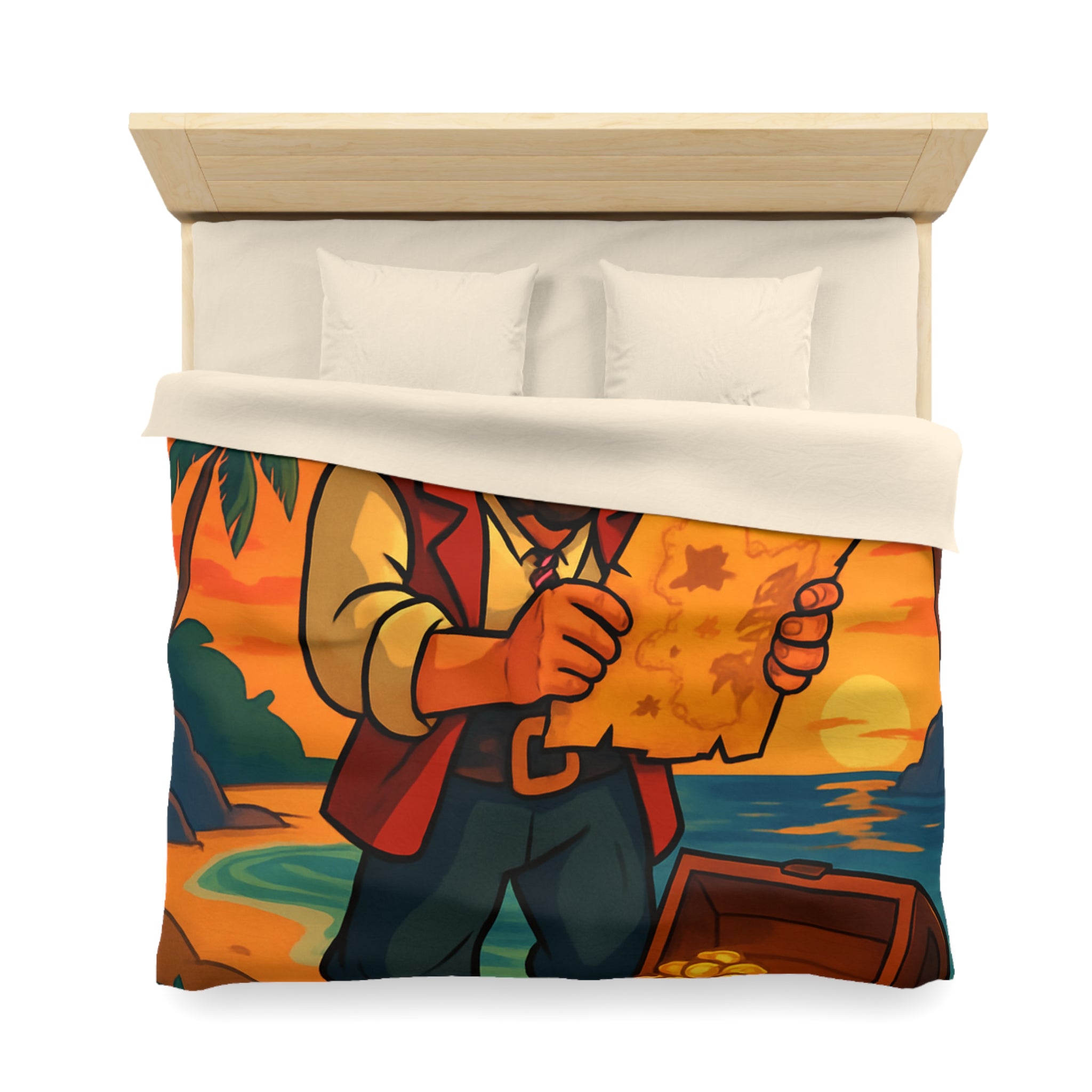 Housse de couette pirate avec coffre au trésor, carte ancienne et palmiers tropicaux