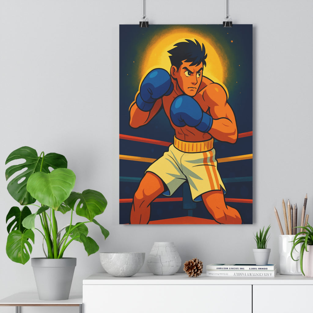 Poster décoratif anime sportif boxeur bleu jaune orange dynamique chambre énergie détermination art moderne