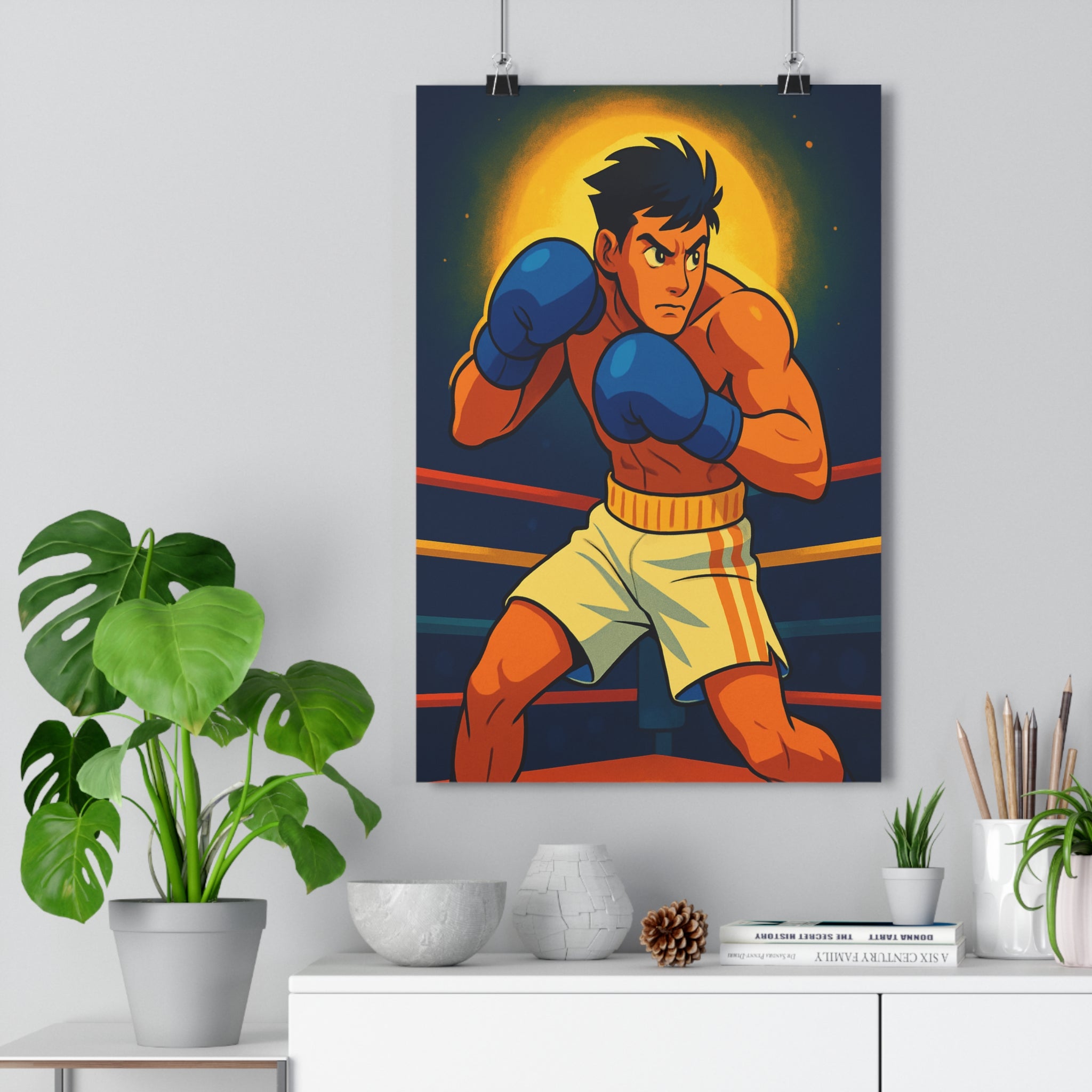 Poster décoratif anime sportif boxeur bleu jaune orange dynamique chambre énergie détermination art moderne