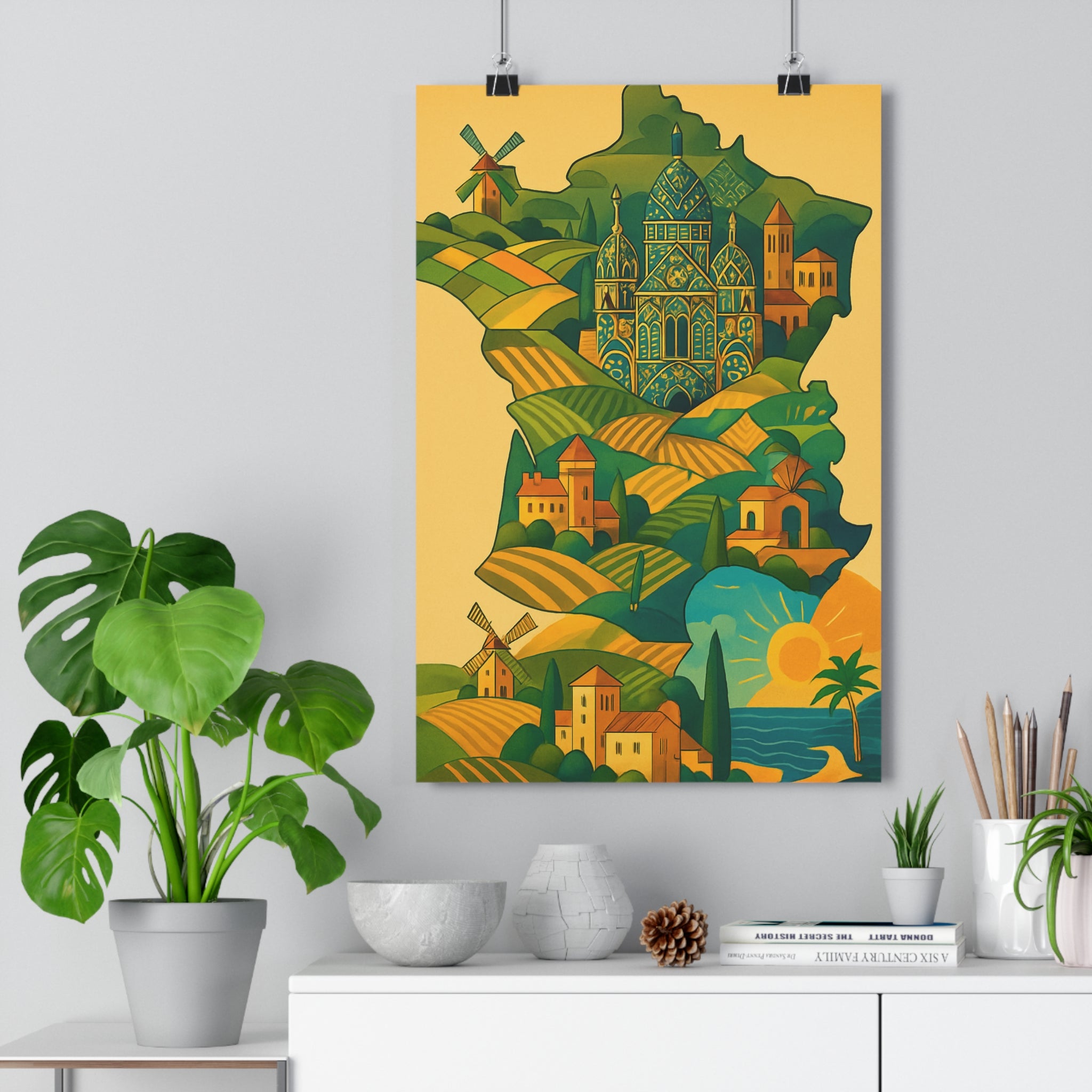 Poster décoratif vintage rétro art déco vert jaune bleu salon bureau charme chaleureux qualité