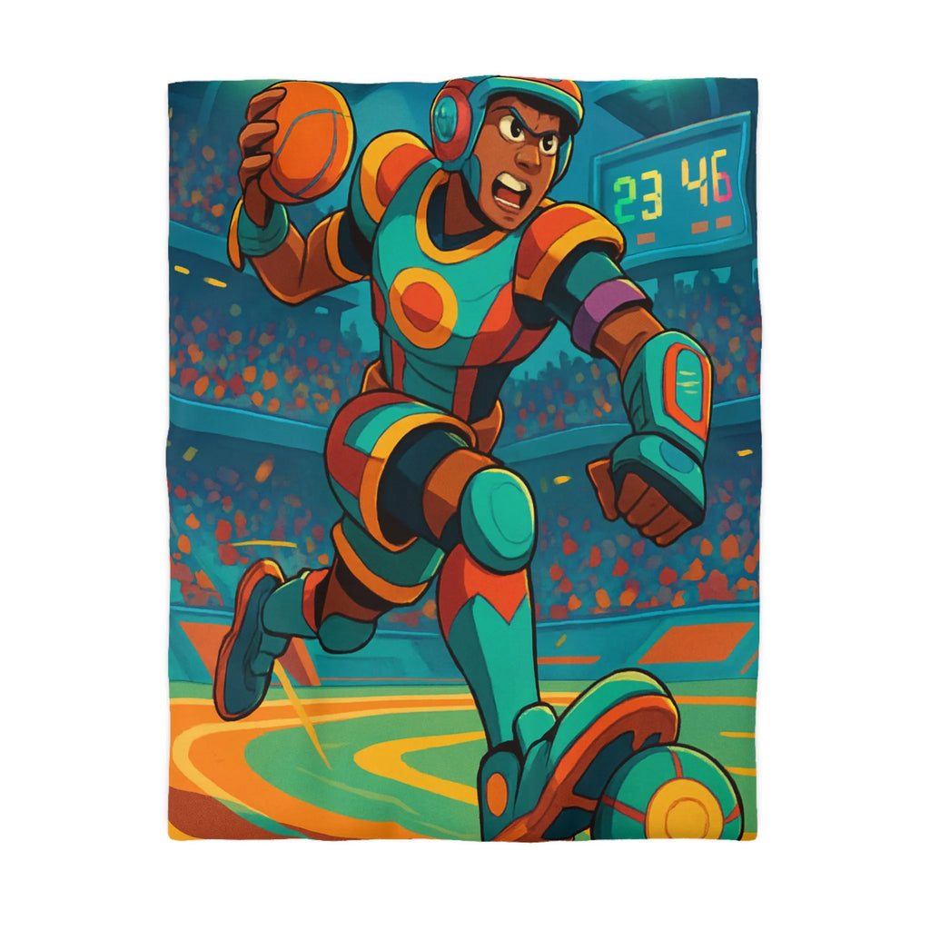 Housse de couette colorée avec joueur futuriste en action dans un stade dynamique