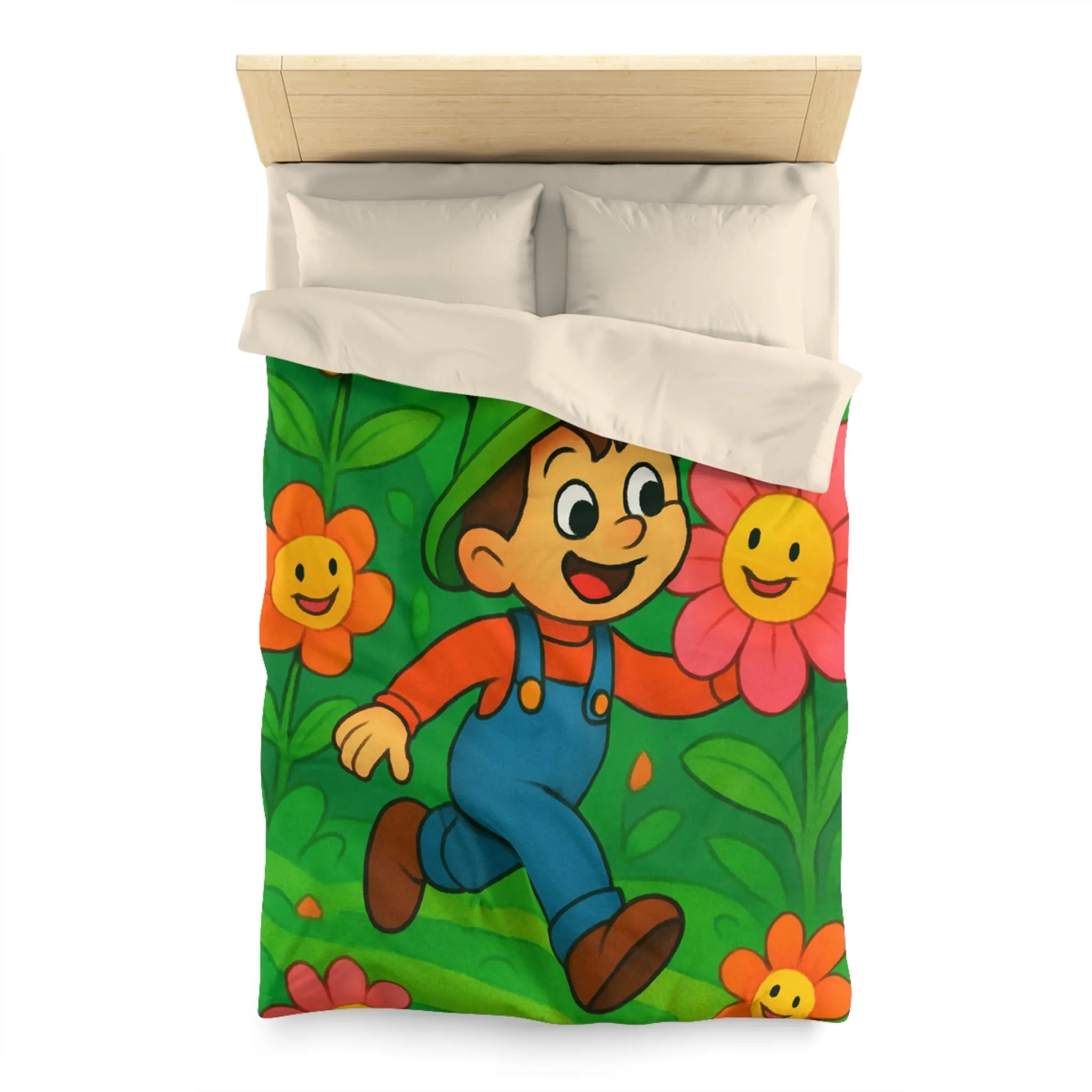 Housse de couette joyeuse avec enfant et fleurs colorées dans un jardin magique