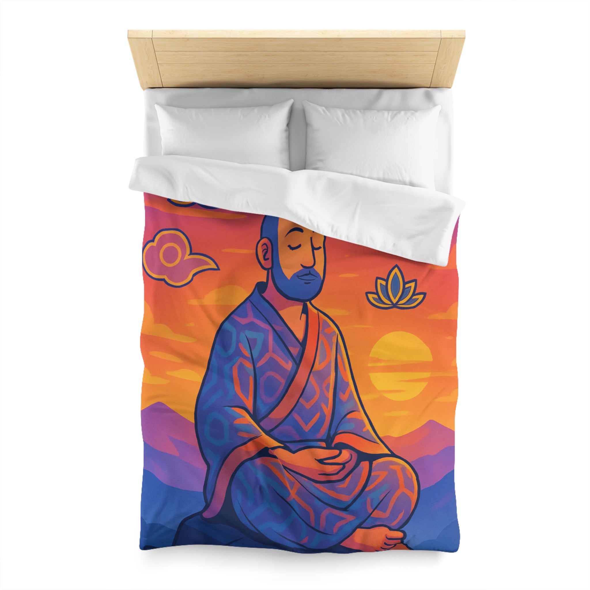 Housse de Couette Zen Moine Méditant au Coucher de Soleil Avec Fleurs de Lotus