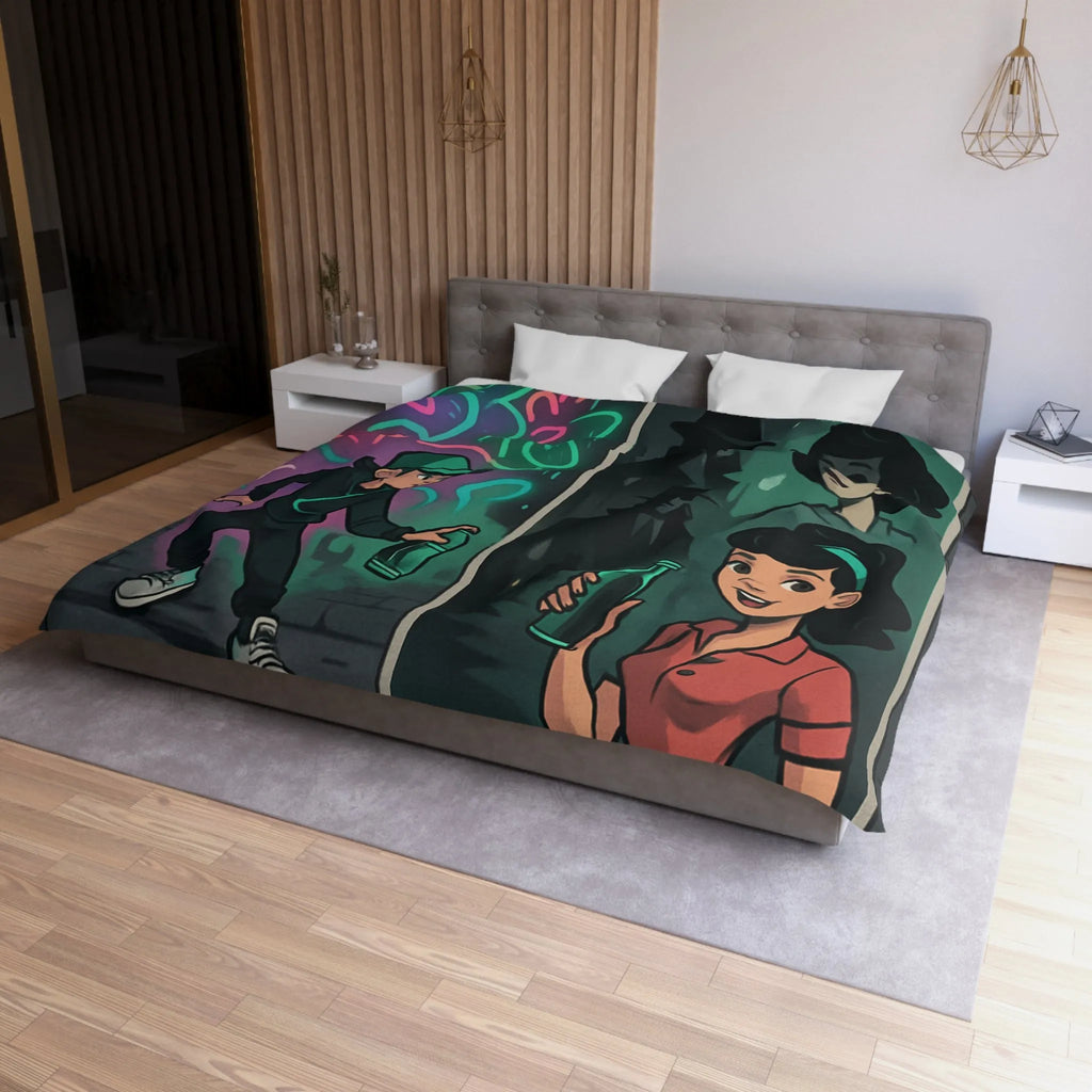 Housse de couette illustrée avec scène de rue colorée et personnages mystérieux