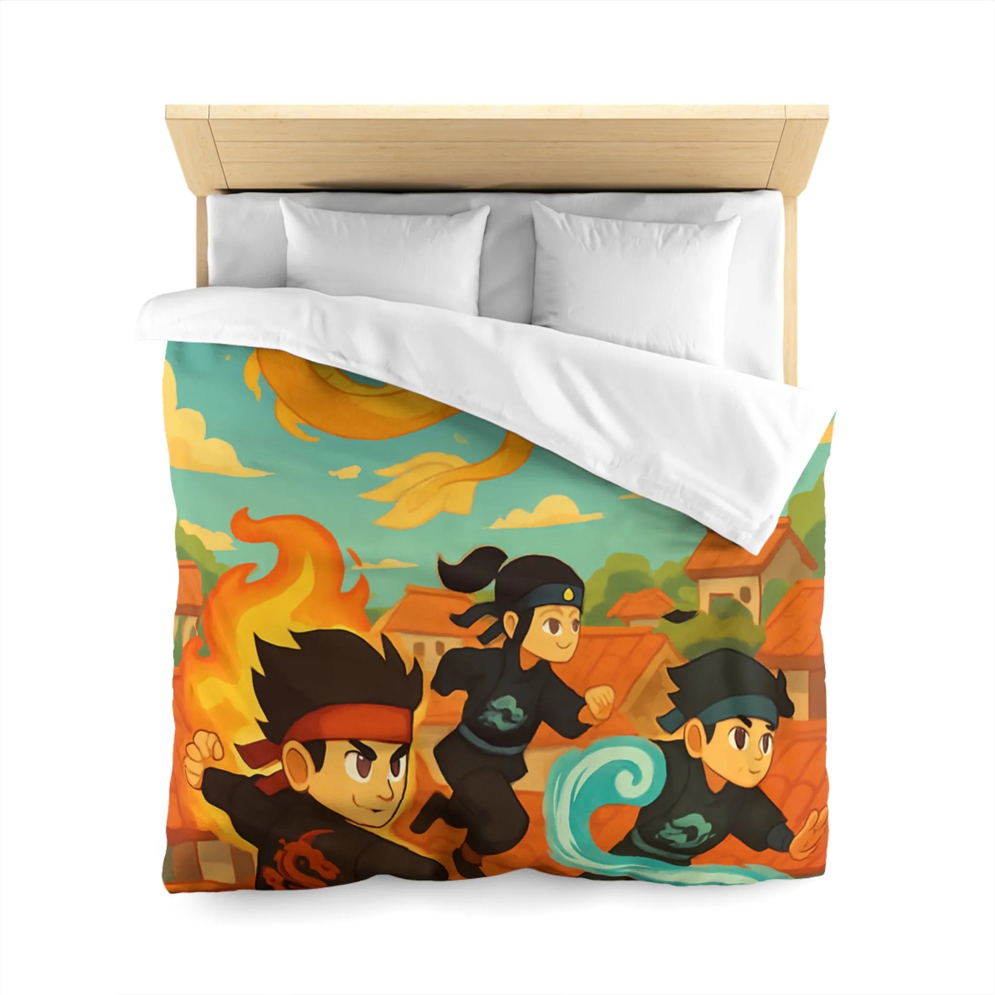 Housse de couette avec ninjas sautant et dragon doré dans un ciel ensoleillé