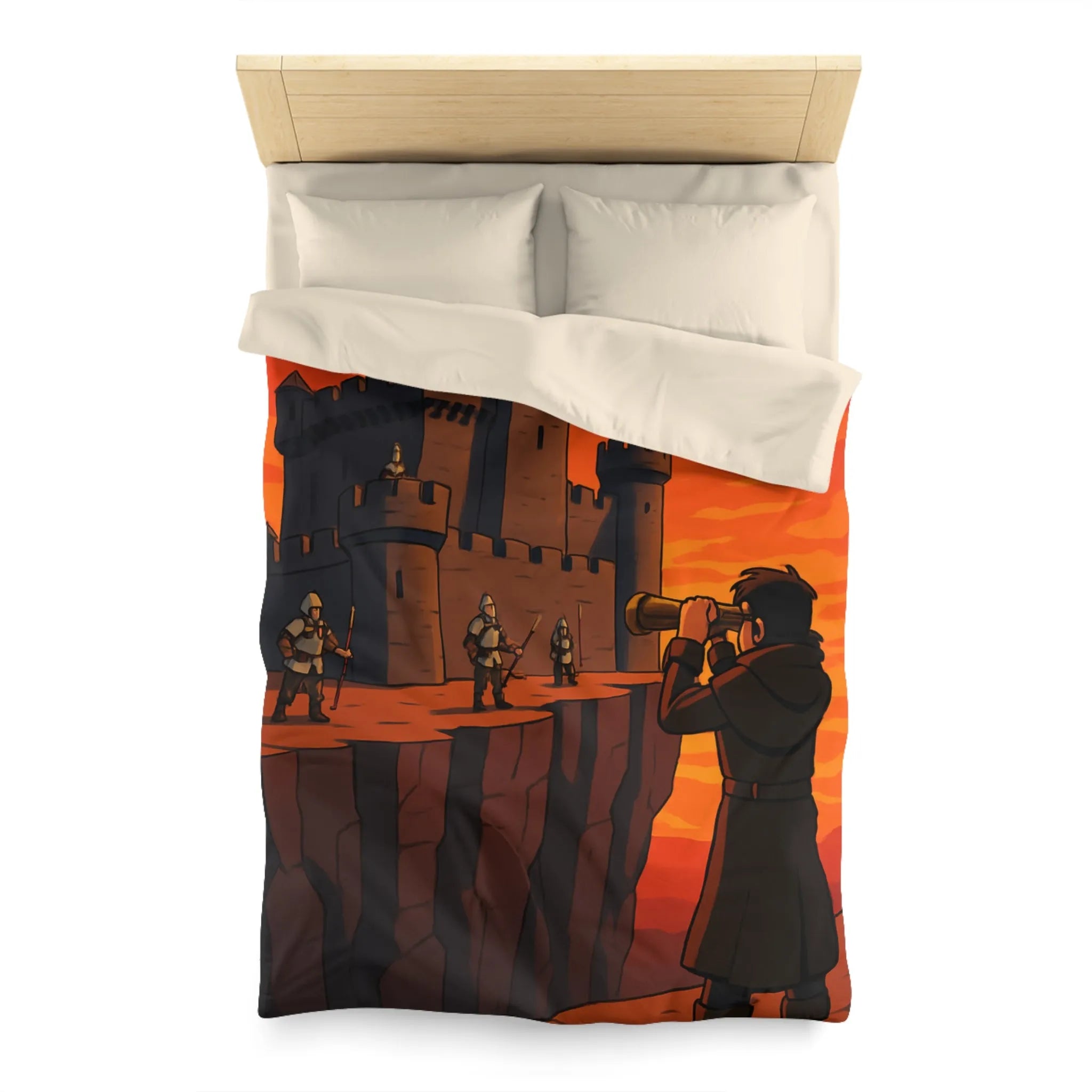 Housse de couette médiévale avec forteresse et observateur sous coucher de soleil épique