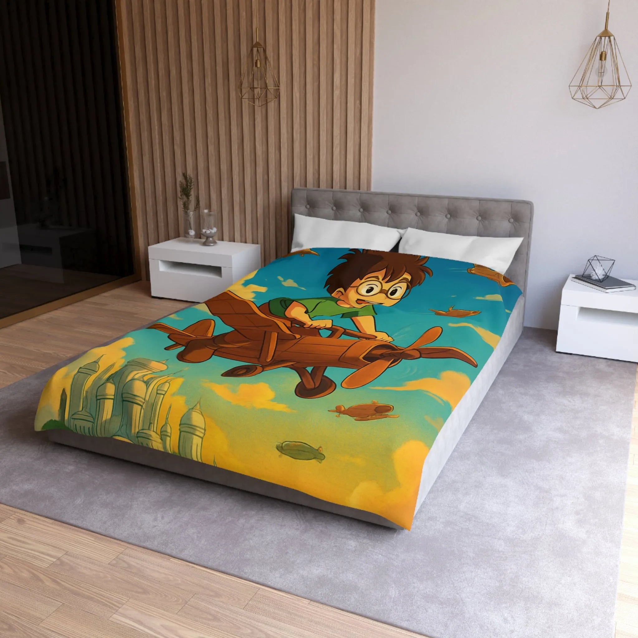 Aventure enfantine avec avion en bois survolant palais nuageux au coucher du soleil