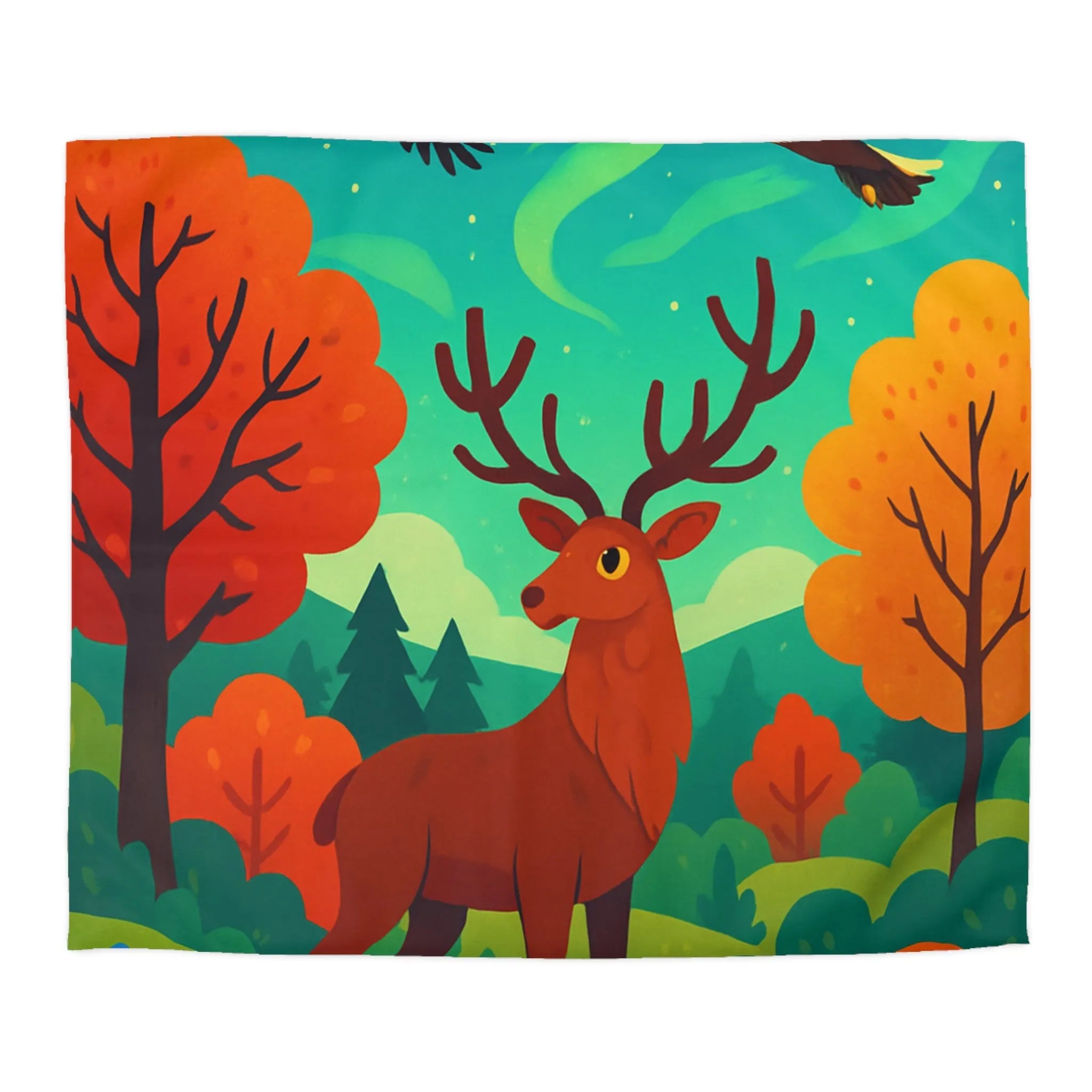 Housse de Couette Illustrée : Cerf Enchanté et Aurore Boréale dans Forêt Féérique