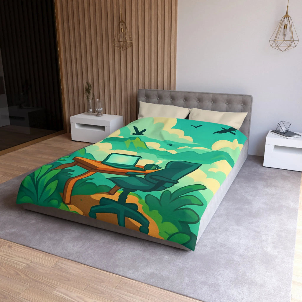 Housse de couette avec paysage de montagne, nature verdoyante, bureau et ciel serein