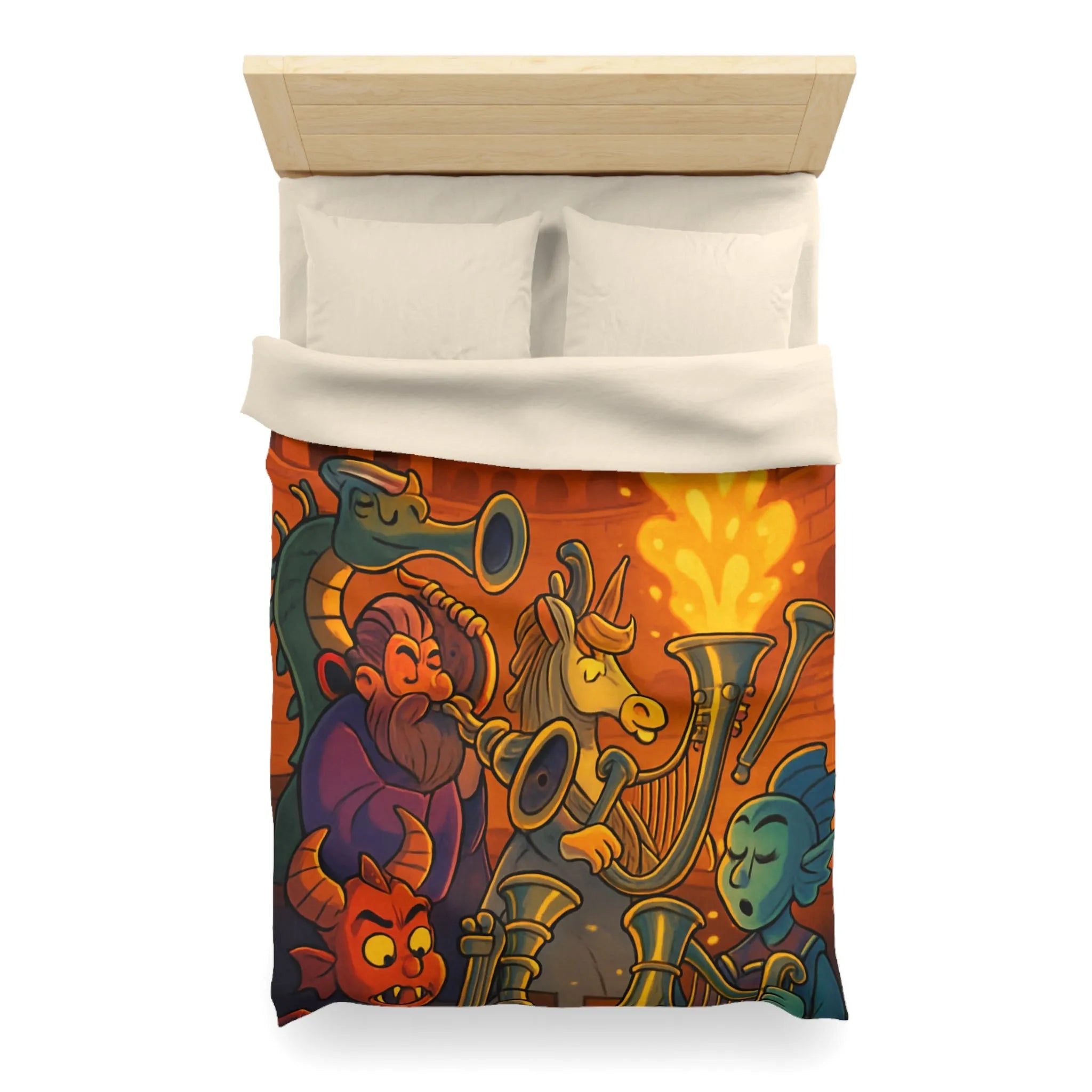 Housse de couette fantastique illustrée avec dragons, musiciens mythiques et couleurs flamboyantes