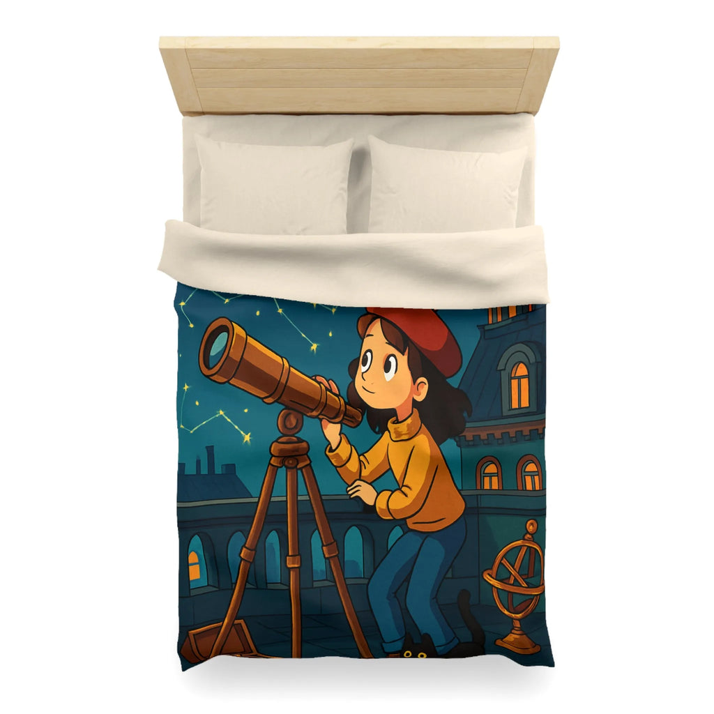 Housse de Couette Enfant Astronome avec Télescope, Ciel Étoilé Magique et Constellations
