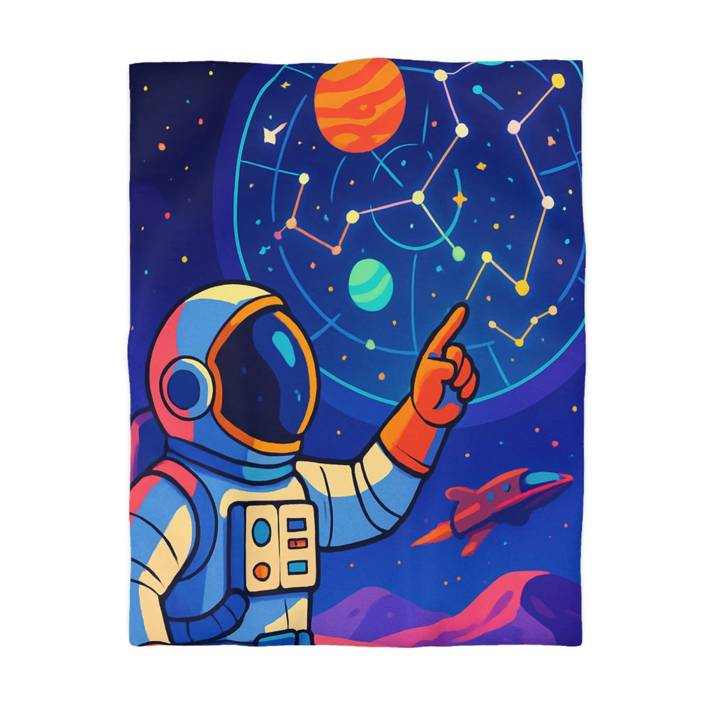 Housse de couette cosmos coloré avec astronaute, planète et carte des étoiles