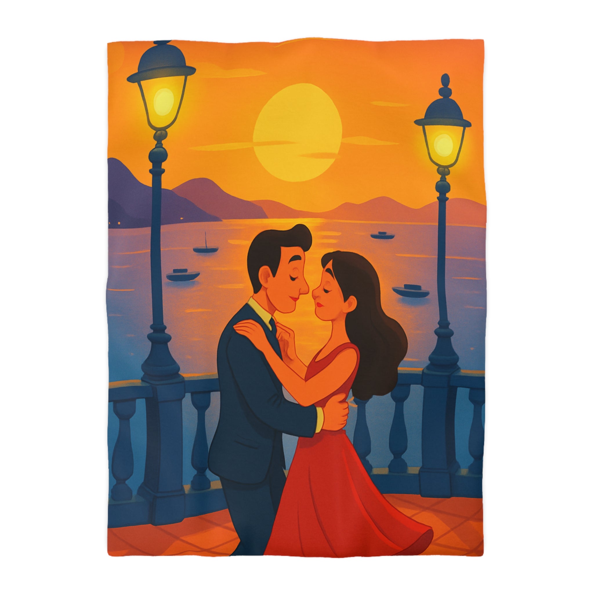 Housse de couette romantique coucher de soleil couple dansant au bord de mer