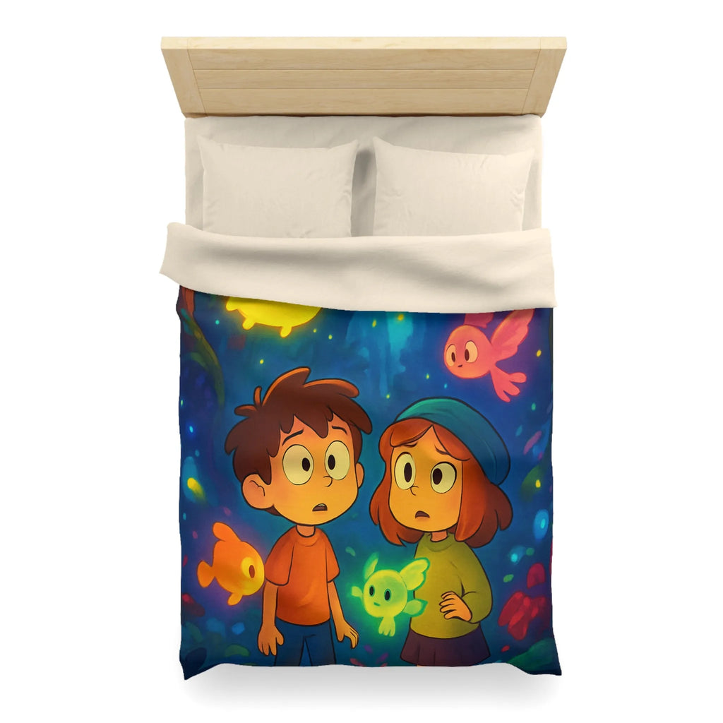 Housse de Couette Enfant Fantaisie avec Créatures Lumineuses dans Forêt Mystérieuse et Enchantée