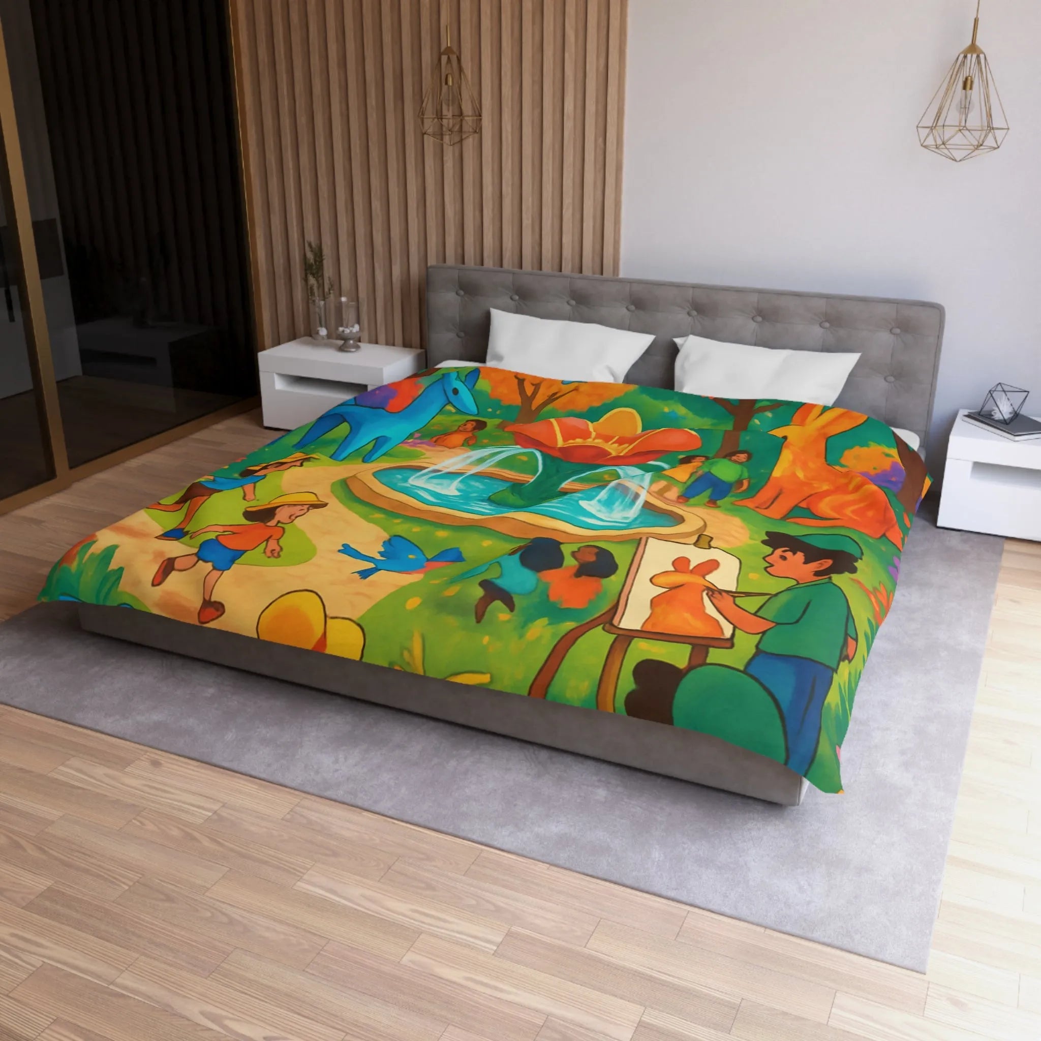 Housse de couette colorée avec animaux fantastiques, enfants et fontaine au parc artistique