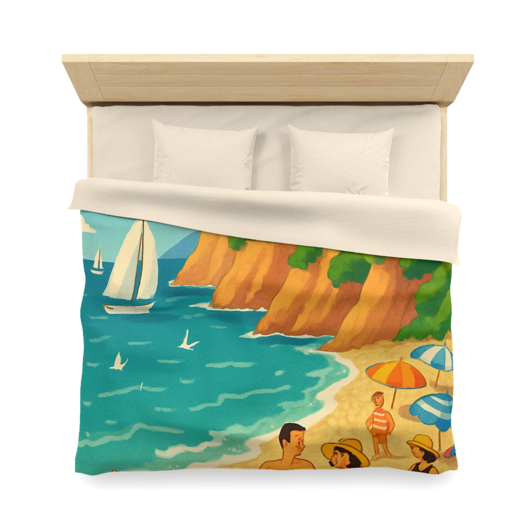 Housse de couette plage méditerranéenne avec paysages colorés et vacanciers ensoleillés