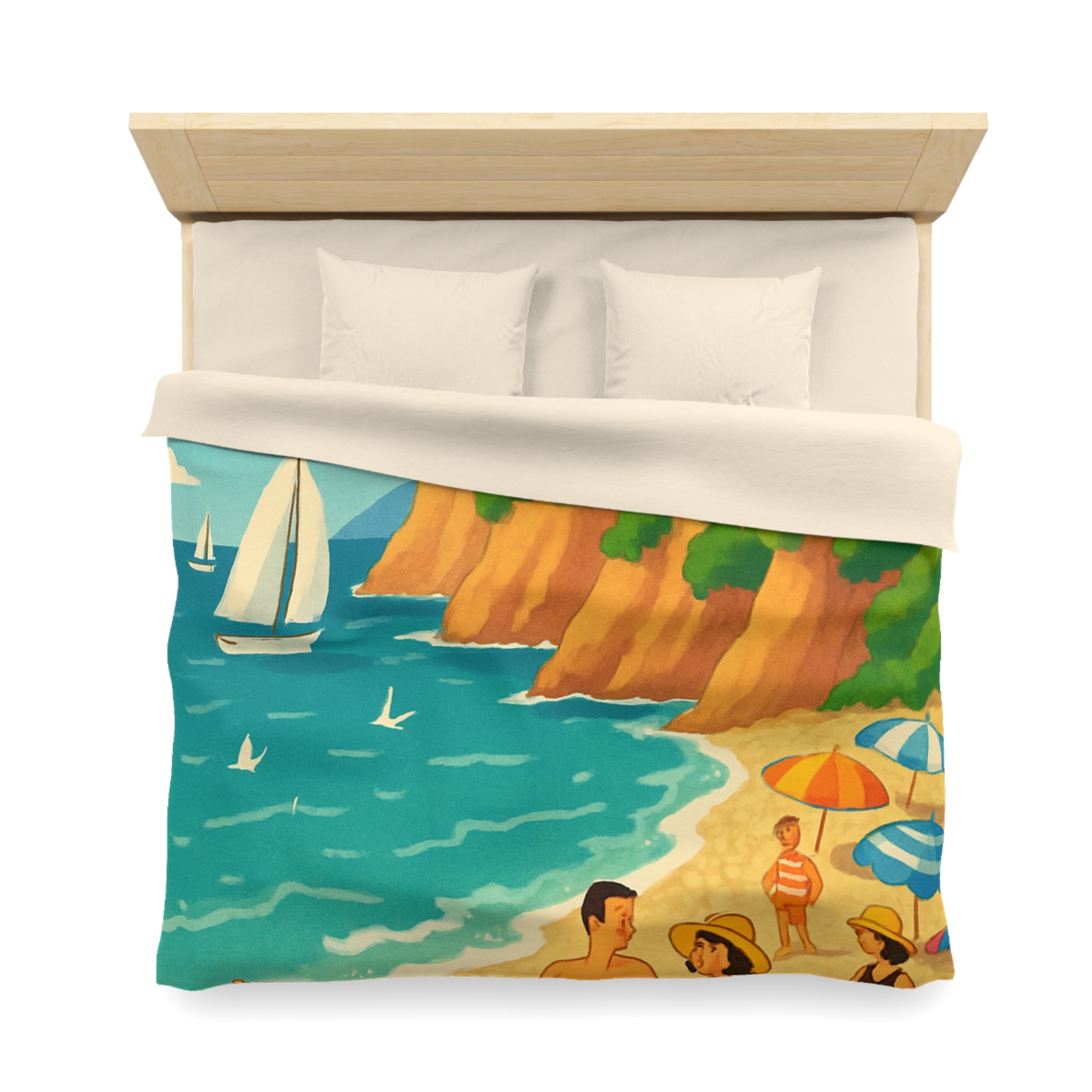 Housse de couette plage méditerranéenne avec paysages colorés et vacanciers ensoleillés