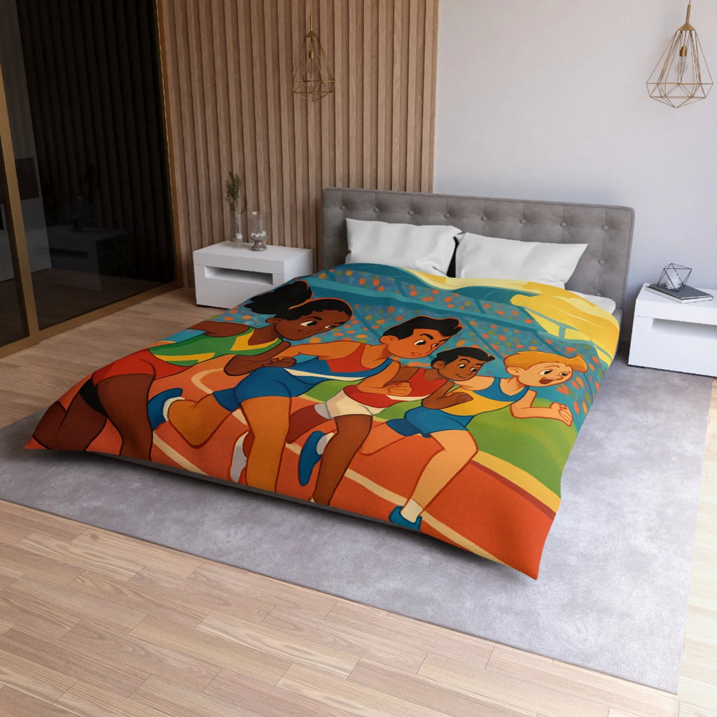 Housse de couette illustrée course d’athlétisme enfants vibrant soleil dynamique