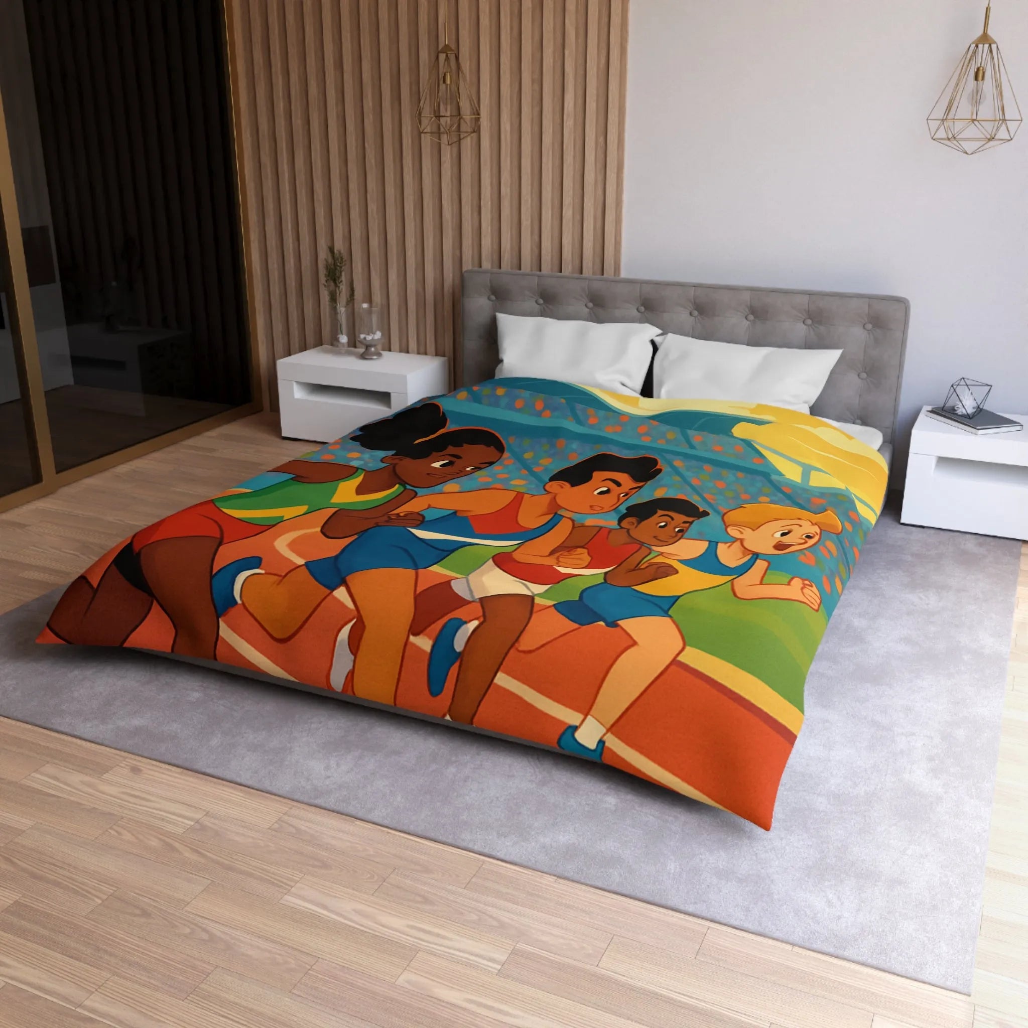 Housse de couette illustrée course d’athlétisme enfants vibrant soleil dynamique
