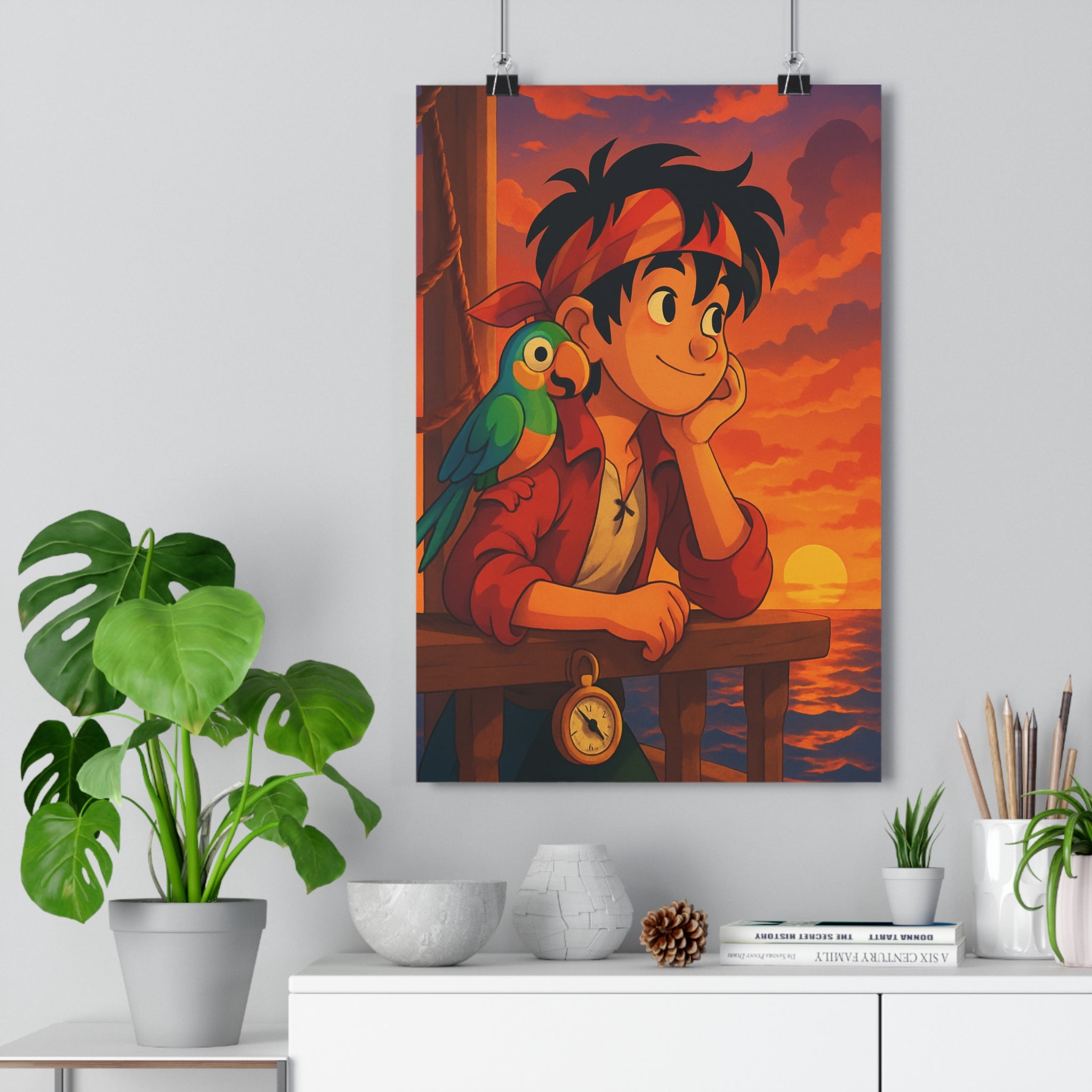 Poster décoratif anime pastel orange rose aventure pirate chambre créatif perroquet navire rêveur 30x46