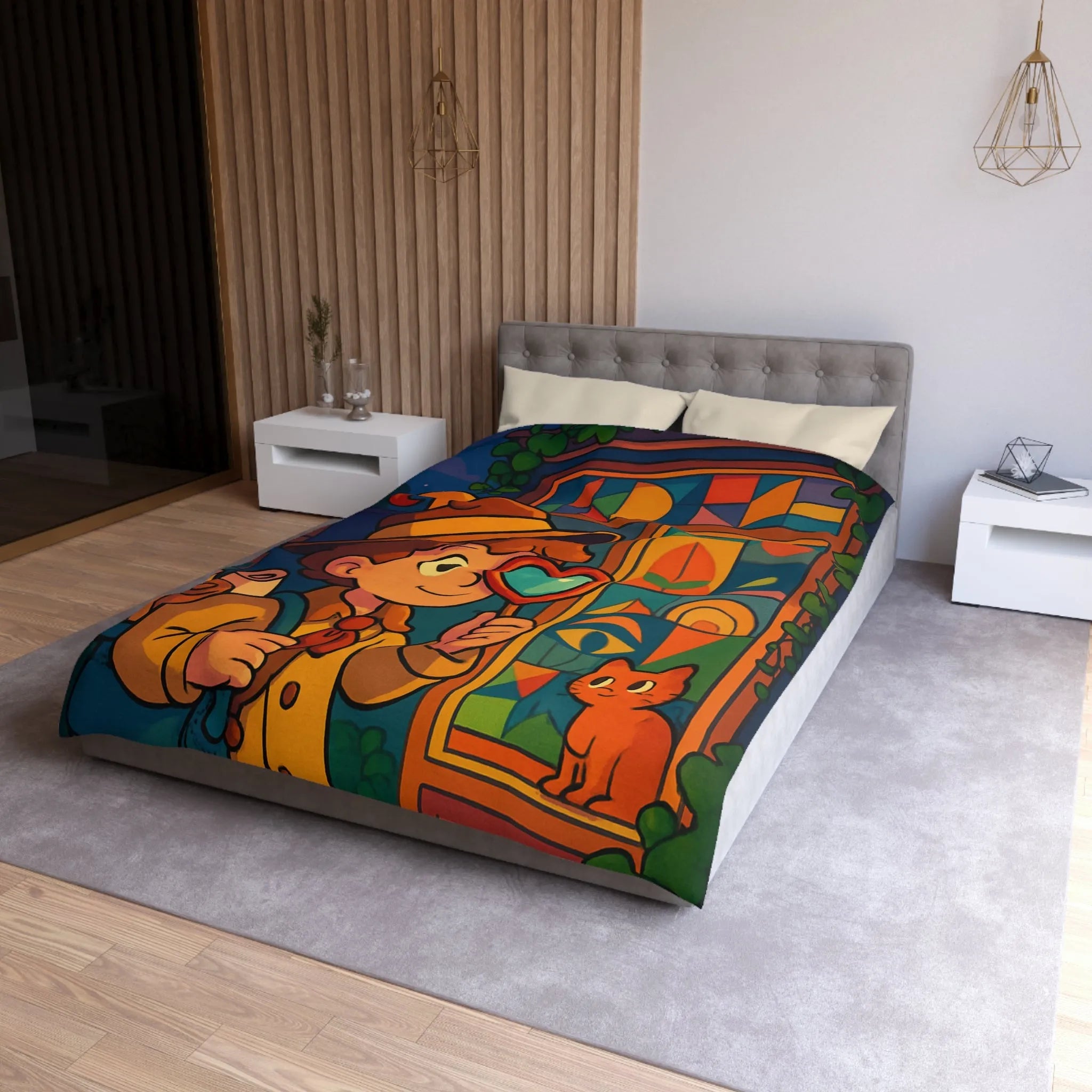Housse de couette enfant magique avec chat mignon et motifs géométriques colorés