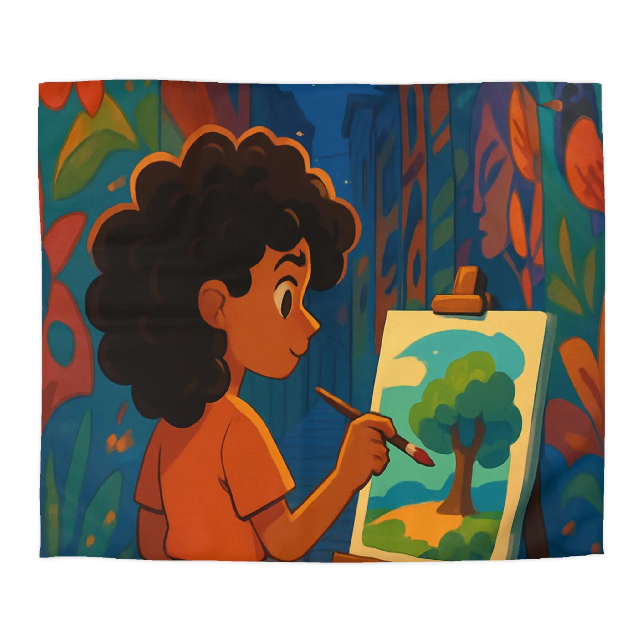 Housse de couette colorée illustrant une ruelle artistique avec peinture et lanterne