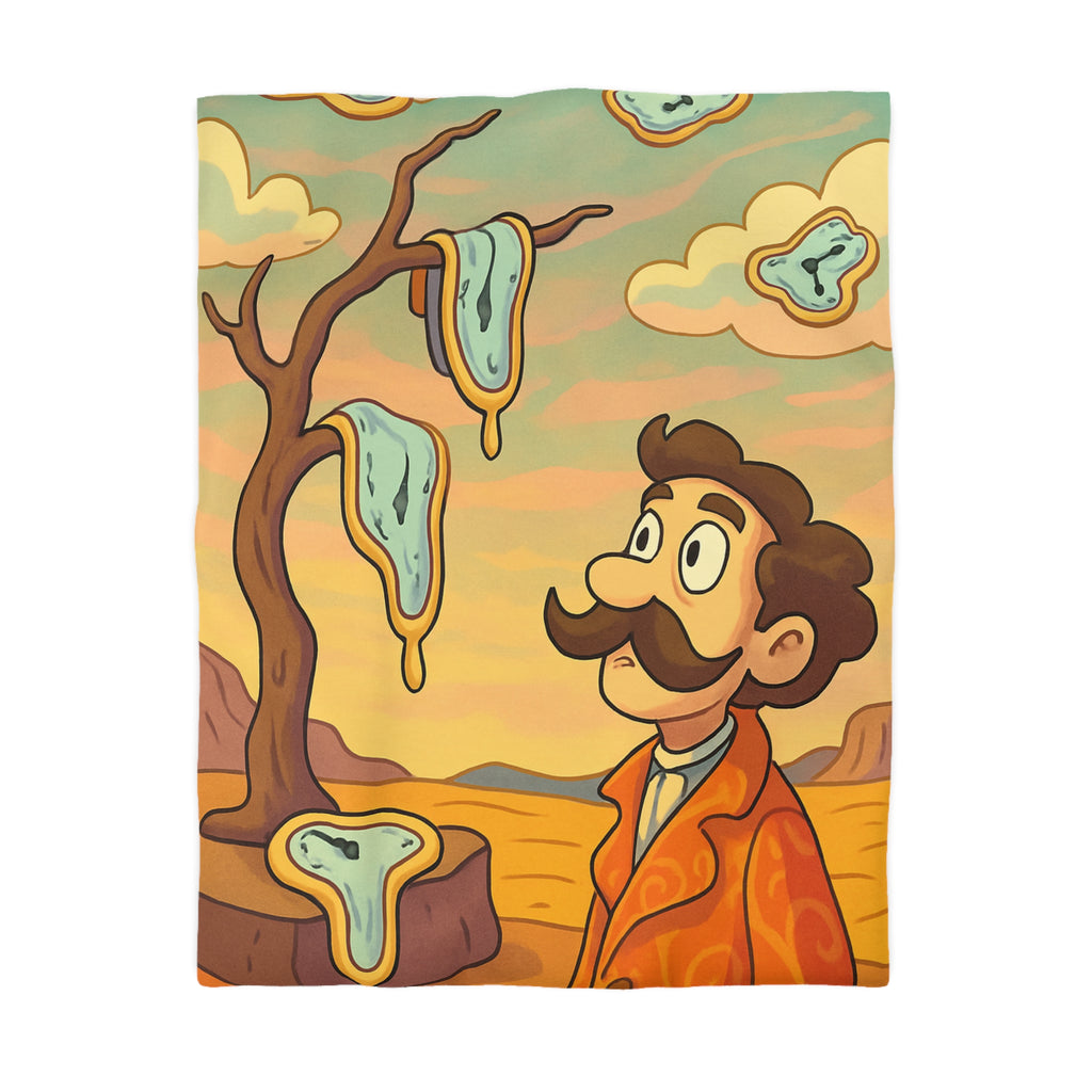 Housse de couette style surréaliste avec montres molles et paysage désertique vibrant