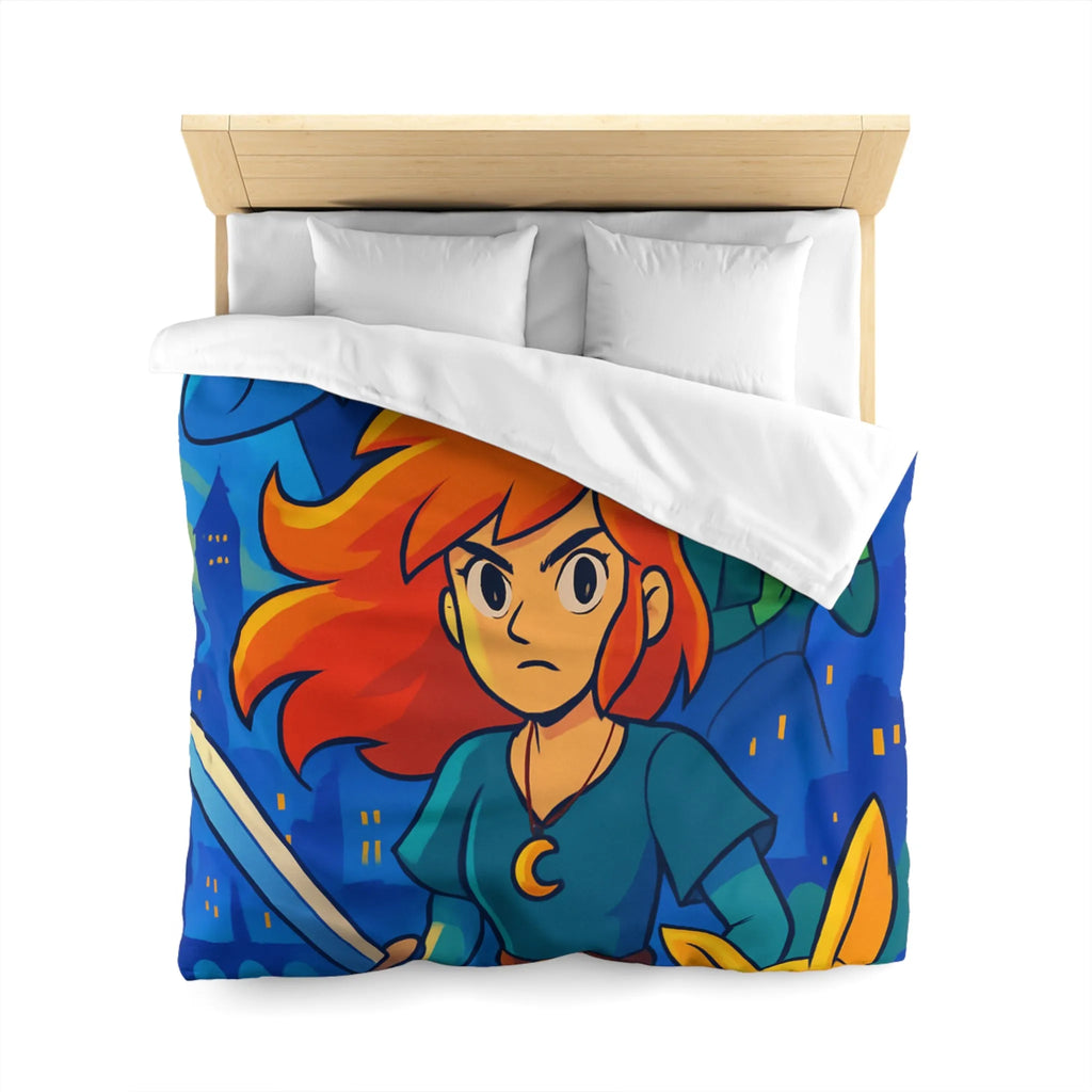 Housse de couette héroïque avec épée, ville nocturne et créatures fantastiques colorées