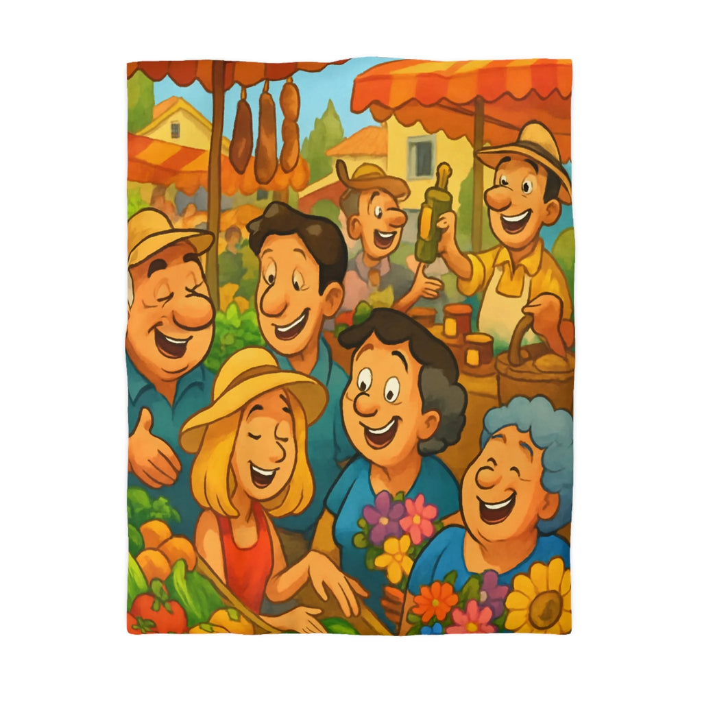 Housse de couette avec illustration joyeuse d'un marché animé et coloré