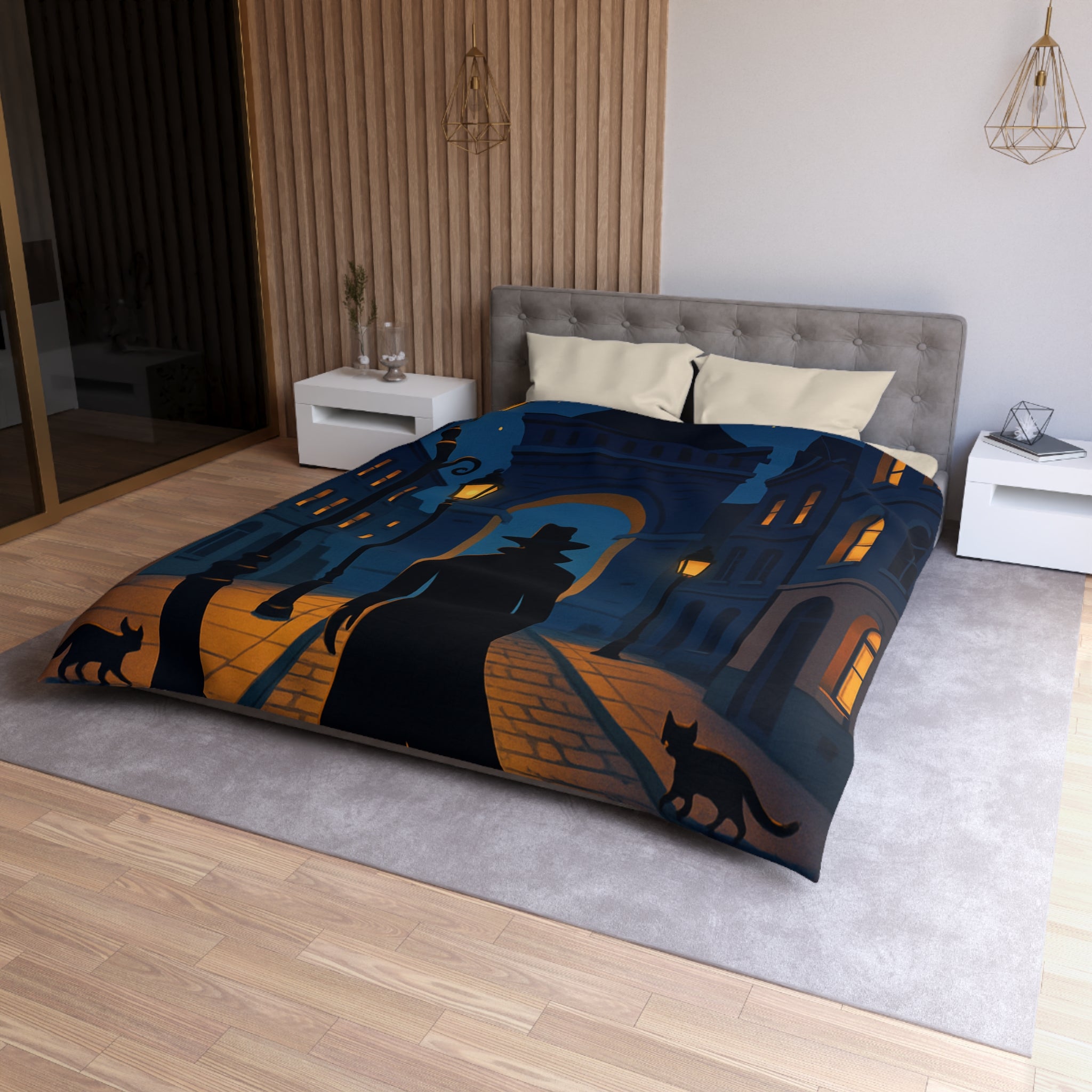 Housse de couette noire mystérieuse, silhouette d'homme avec chats et lampadaires nocturnes